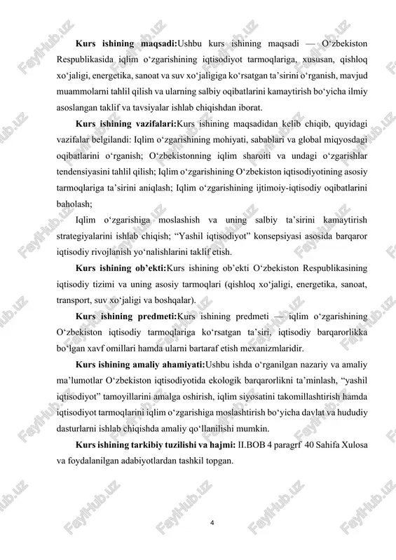 g fikricha, agar issiqxona gazlari chiqindilari kamaytirilmasa, xxi asr oxiriga borib harorat 1,5–2°c ga ortishi mumkin. bu esa tabiiy muvozanatning buzilishiga, muzliklarning erishiga, dengiz sathining ko‘tarilishiga va ko‘plab ekologik ofatlarning yuzaga kelishiga olib keladi. iqlim o‘zgarishining asosiy sabablari ikki toifaga bo‘linadi: tabiiy va antropogen (inson faoliyatiga bog‘liq) omillar. tabiiy omillar quyidagilardan iborat:quyosh radiatsiyasining o‘zgarishi;vulkan otilishlari natijasida atmosferaga chiqadigan chang va gazlar; okean oqimlarining yo‘nalishi va haroratidagi o‘zgarishlar; yer orbitasining shakli va qiyaligidagi davriy o‘zgarishlar (milankovich sikllari). antropogen omillar esa hozirgi davrda iqlim o‘zgarishining asosiy sababchisi sifatida e’tirof etiladi. ular quyidagilardan iborat: sanoat va transport sohalaridan chiqadigan issiqxona gazlari (karbonat angidrid, metan, azot oksidi va boshqalar); o‘rmonlarning kesilishi natijasida karbonat angidridni yutish imkoniyatining kamayishi. qishloq xo‘jaligida mineral o‘g‘itlar va pestitsidlarning haddan tashqari qo‘llanilishi. energiya ishlab chiqarishda yoqilg‘ilarning (ko‘mir, neft, gaz) keng ishlatilishi; urbanizatsiya va sanoatlashuv jarayonlari natijasida havoning ifloslanishi. iqlim o‘zgarishining global oqibatlari esa juda keng ko‘lamli bo‘lib, ular inson hayoti …