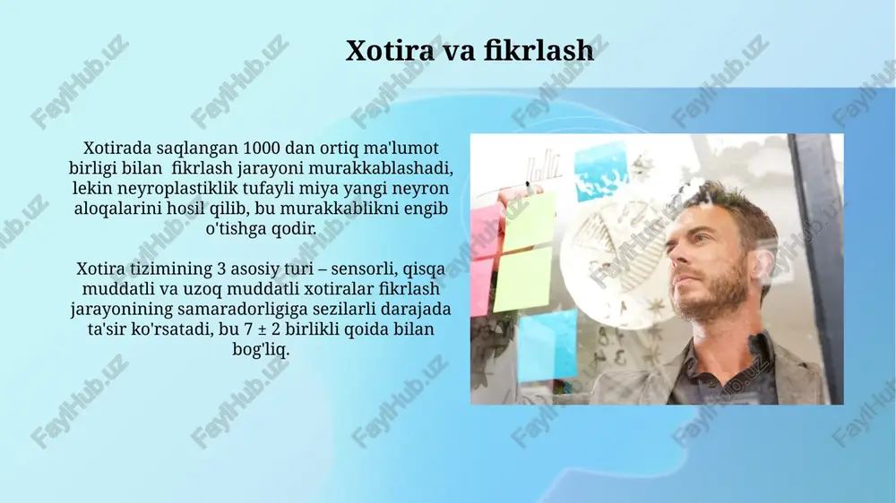 bi mavjud boʻlib, ular orasida analitik, intuitiv, mantiqiy va ijodkorona fikrlash kabi turlari aniq farqlanadi va har biri turli muammolarni hal qilishda samaraliroqdir. kognitv funksiyalarni baholash testlari, masalan, raven matritsalari, fikrlash uslubining turli jihatlarini, jumladan, muammo hal qilish va mantiqiy xulosa chiqarish qobiliyatini aniqlashga yordam beradi. fikrlash jarayonlarining turlari kreativ fikrlash jarayoni, brainstorming kabi texnikalar yordamida, g'oyalarni generatsiya qilishni 20% dan 80% gacha oshirishi mumkin, bu esa innovatsion echimlarni topish ehtimolini sezilarli darajada yaxshilaydi. muammo yechishda 5 bosqichli jarayon: tushunish, rejlashtirish, amalda qo'llash, baholash va takomillashtirish, turli fikrlash turlarining qo'llanilishini ko'rsatadi. bu jarayonlarda mantiqiy va intuitiv fikrlash usullari birgalikda qo'llaniladi. e'tiboringiz uchun rahmat @taqdimot_robot image2.jpg image3.jpg image4.jpg image5.jpg image6.jpg image7.jpg image8.jpg image9.jpg image10.jpg image11.jpg image12.jpg image13.jpg image14.jpg image15.jpg image16.jpg image17.jpg image18.jpg image1.png