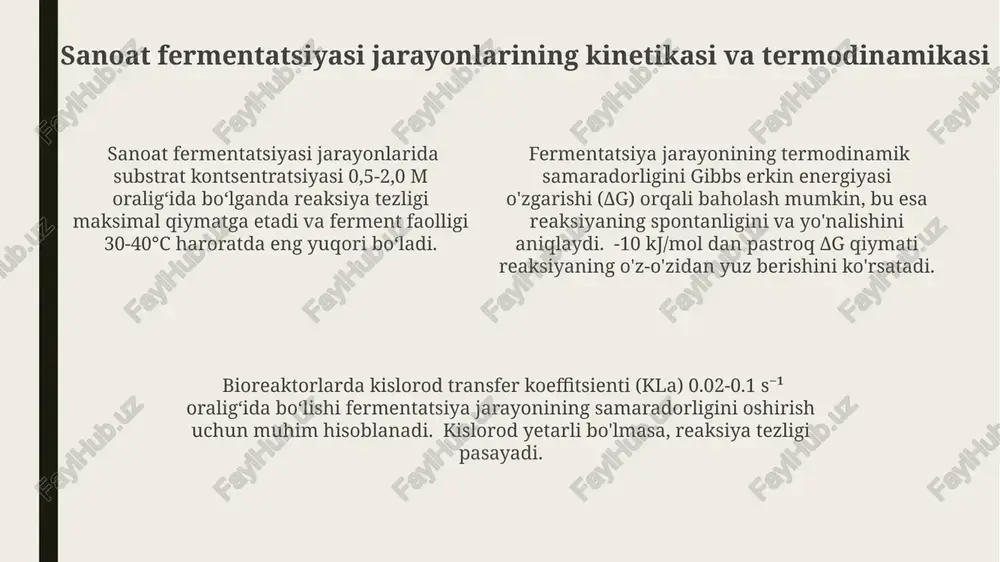 a tezligini aniqlaydi. gibbs erkin energiyasining manfiy qiymati (-δg), fermentatsiya reaksiyalarining spontan va energetik jihatdan qulay ekanligini ko'rsatadi, masalan, glyukoza fermentatsiyasida -2870 kj/mol ga teng bo'ladi. gibbs erkin energiyasining manfiy qiymati (-δg), fermentatsiya reaksiyalarining spontan va energetik jihatdan qulay ekanligini ko'rsatadi, masalan, glyukoza fermentatsiyasida -2870 kj/mol ga teng bo'ladi. bioreaktorlar va fermentatsiya jarayonlarini optimallashtirish fermentatsiya jarayonining optimal haroratini va ph qiymatini aniqlash orqali (masalan, 37°c va ph 7.0) mikroorganizmlar faolligi 25% ga oshishi va metabolitlar hosil bo'lish tezligi 1.5 barobarga ko'payishi kuzatiladi. bioreaktor hajmini 10-20% ga oshirish fermentatsiya jarayonining samaradorligini 15% ga va mahsulot hosildorligini 10% ga yaxshilashi mumkin, bu esa substrat kontsentratsiyasi va aralashtirish tezligiga bog'liq. ozuqa muhitining tarkibini optimallashtirish (masalan, karbon manbasini 5% ga, azot manbasini 2% ga oshirish) fermentatsiya samaradorligini 20% va biomassa hosilini 12% ga oshirishi mumkin. termodinamikaning asosiy qonunlari fermentatsiyada entropiya (δs) fermentatsiya mahsulotlarining murakkabligiga bog'liq. ko'p miqdorda oddiy mahsulotlar hosil bo'lganda, δs musbat va …