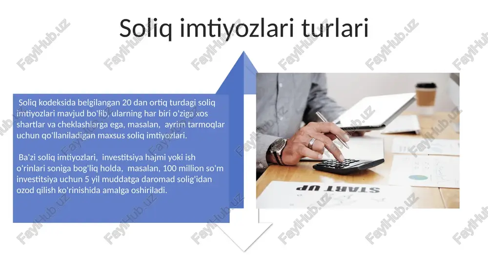 riladigan soliq imtiyozlari, ularning 2-3 yil ichida rentabellikka erishishini ta'minlab, bozorga kirish to'siqlarini pasaytiradi va raqobatbardoshligini oshiradi. soliq imtiyozlaridan foydalanish, to'lanadigan soliq summasini 10-20% ga kamaytirib, kompaniyaning likvidligini yaxshilaydi va moliyaviy barqarorligini mustahkamlaydi. soliq imtiyozlari hisobi soliq imtiyozlarini hisoblashda, 15% dan yuqori daromad olgan yuridik shaxslar uchun qo'shimcha chegirmalar mavjud bo'lishi mumkin, bu esa to'lanadigan soliq miqdorini sezilarli darajada kamaytiradi. ba'zi soliq imtiyozlari, masalan, investitsiyalar bo'yicha 20% lik chegirma, faqat aniq shartlarga javob beradigan korxonalar uchun qo'llaniladi va maxsus hujjatlar taqdim etilishi kerak. soliq imtiyozlaridan foydalanish shartlari soliq imtiyozlarining miqdori va muddati tegishli qonun hujjatlarida aniq belgilangan bo'lib, masalan, 5 yil muddatli 10%lik stavka bo'lishi mumkin. soliq imtiyozlaridan foydalanish uchun tegishli hujjatlarni (masalan, litsenziya, sertifikatlar) taqdim etish va soliq organlariga 30 kun ichida xabar berish shart. e'tiboringiz uchun rahmat @taqdimot_robot image4.jpg image5.jpg image6.jpg image7.jpg image8.jpg image9.jpg image10.jpg image11.jpg image12.jpg image13.jpg image14.jpg image15.jpg image16.jpg image17.jpg image3.png image18.jpg image19.jpg image20.jpg image1.jpeg image2.jpeg