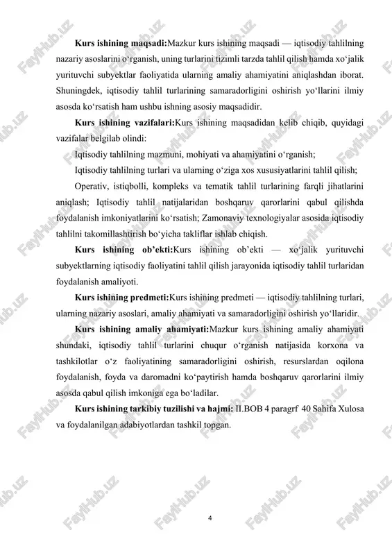 ini o‘rganishga qaratilgan bo‘lib, ishlab chiqarish jarayonida yuzaga kelayotgan o‘zgarishlarga tezkor javob berish imkonini yaratadi. bu tahlil turi rahbariyatga real vaqt rejimida ishlab chiqarish sur’atlarini, resurslardan foydalanish darajasini va mehnat unumdorligini baholash imkonini beradi.[footnoteref:1] [1: abdullaev, a. “iqtisodiy tahlil asoslari.” – toshkent: iqtisod-moliya, 2020.] mavsumiy va istiqbolli tahlil esa kelajakdagi iqtisodiy jarayonlarni bashorat qilish va rejalashtirishda qo‘llaniladi. ushbu tahlil turida oldingi davr natijalari tahlil qilinadi, bozor kon’yunkturasidagi o‘zgarishlar baholanadi va shunga mos tarzda istiqbol rejalar ishlab chiqiladi. kompleks tahlil xo‘jalik faoliyatining barcha jihatlarini o‘zaro bog‘liq holda o‘rganish orqali korxonaning umumiy iqtisodiy holatini baholashni ta’minlaydi. u moliyaviy natijalar, ishlab chiqarish jarayonlari, mehnat resurslari, moddiy-texnik bazasi va boshqaruv tizimining o‘zaro aloqadorligini tahlil qilishni o‘z ichiga oladi. tematik tahlil korxona faoliyatida alohida muammolar yoki yo‘nalishlar bo‘yicha chuqur o‘rganish maqsadida o‘tkaziladi. masalan, ishlab chiqarish xarajatlarini kamaytirish, mahsulot sifati va raqobatbardoshligini oshirish, yoki investitsion faoliyat samaradorligini tahlil qilish kabi. solishtirma tahlil turli davrlar, korxonalar yoki …