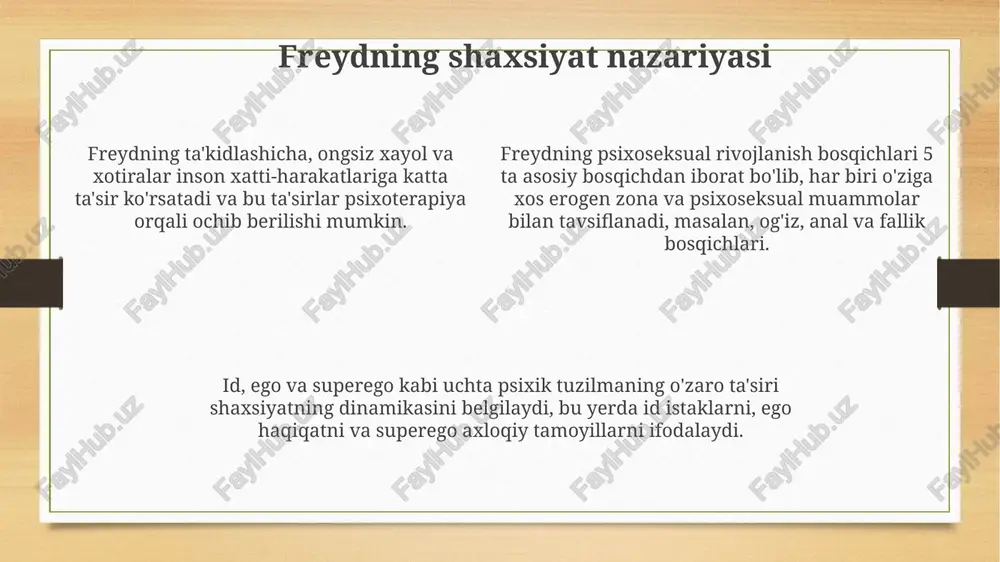 shlarida, ayniqsa, 1920-yillardan boshlab, freydning nazariyalariga nisbatan norozilik va tanqidiy munosabatlar natijasida paydo bo'ldi. neo-freydizmning rivojlanishiga alfred adler, karl yung va karen horney kabi muhim 3 ta shaxs o'z hissalarini qo'shishgan, ularning har biri o'ziga xos nazariyalarni ishlab chiqdilar. himoya mexanizmlari himoya mexanizmlarining 7tasidan ortig'i bir vaqtning o'zida faol bo'lishi mumkin, bu shaxsning psixologik stressga moslashishiga yordam beradi. reaktiv shakllanish himoya mexanizmi – qabul qilinmaydigan impulslarni qarama-qarshi xatti-harakatlar bilan almashtirishni o'z ichiga oladi, masalan, g'azabni haddan tashqari mehr bilan yashirish. proyeksiya mexanizmi o'zining qabul qilinmaydigan xususiyatlarini boshqalarga atribut qilishni o'z ichiga oladi, bu esa 2-3 ta alohida xususiyatlarni o'z ichiga olishi mumkin. alfred adler va individual psixologiya adlerning individual psixologiyasi, shaxsning ijtimoiy munosabatlarga boʻlgan intilishini, 3 asosiy hayot vazifasi: ish, jamiyat va muhabbat orqali tushuntiradi. inferiorlik hissi, adler nazariyasining markaziy tushunchasidir va shaxsning o'z kamchiliklarini yengishga, ustunlikka erishishga intilishini belgilaydi. bu jarayon 5 yoshgacha shakllanadi. adlerning individual psixologiyasi, freudning psixoseksual …