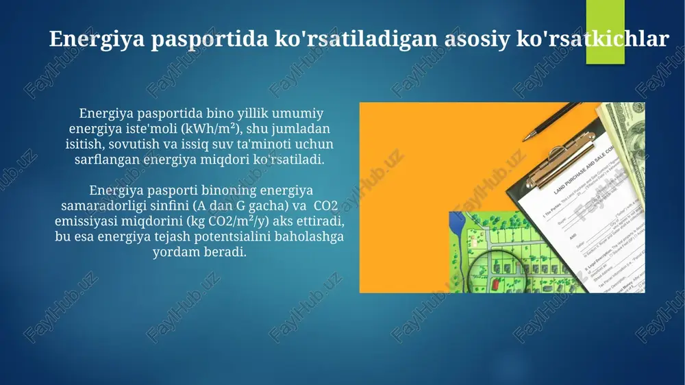 i yordamida binolarning energiya samaradorligini 30% ga oshirishga qaratilgan holda rivojlanadi. havoni isitish va sovutish tizimlarini tekshirish havoni isitish va sovutish tizimlarining yillik xizmat koʻrsatish va tozalash ishlari 5-10% gacha energiya sarfini kamaytirishga yordam beradi, bu esa filtrlarning ifloslanishi va ishlash samaradorligining pasayishini oldini oladi. tizimlarning germetikligini tekshirishda 0,1-0,5 bar bosim pasayishi meʼyordan yuqori boʻlsa, muhrlashning buzilganligini va energiya yoʻqotilishini koʻrsatadi. elektr energiyasi sarfini tahlil qilish elektr hisoblagichlarining ko'rsatkichlarini tahlil qilib, kunduzgi va tungi davrlardagi elektr energiyasi iste'molining farqini aniqlash orqali, energiya tejash bo'yicha qo'shimcha tavsiyalar berish mumkin. uyning elektr energiyasi sarfini tahlil qilishda, energiya samaradorligi sinfi (a++, a+, a va hokazo)ga ega bo'lgan maishiy texnika vositalarining ulushini aniqlash va ularning ta'sirini hisoblash muhim. energiya pasporti namunasi va uning talqini energiya pasportida epc (energy performance certificate) reytingi (a dan g gacha) ko'rsatiladi, bu binoning energiya samaradorligi darajasini 7 balli shkalada baholaydi, g eng past, a esa eng yuqori samaradorlikni bildiradi. …
