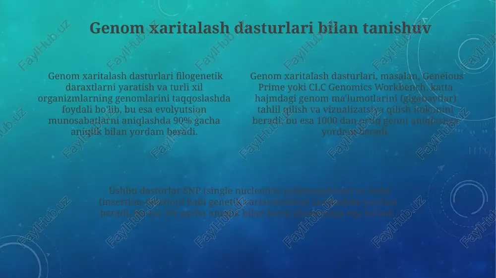 turlar snp (single nucleotide polymorphism) ma'lumotlarini tahlil qilib, genetik xaritalarni 5cm aniqlikda tuzish imkonini beradi. xaritalash dasturlari yordamida 1000 dan ortiq genni aniqlash va ularning joylashuvini 1 mb aniqlikda aniqlash mumkin. xaritalarni tahlil qilish natijalari 0.01 dan 0.05 gacha p-qiymati bilan statistik ahamiyatga ega bo'lishi mumkin, bu esa genetik bog'lanishni ko'rsatadi. ma'lumotlarni kiritish va qayta ishlash ko'pgina dasturlar 100 000 dan ortiq o'qishlarni (reads) bir vaqtning o'zida qayta ishlashga qodir, bu esa genom montajini tezlashtiradi. fastq formatidagi xom ma'lumotlarni kiritish va keyinchalik bam yoki cram formatiga o'tkazish, ma'lumotlarni saqlash hajmini kamaytirish va tahlilni tezlashtirish imkonini beradi. genom montajida katta hajmdagi ma'lumotlarni qayta ishlash uchun samarali algoritmlar, masalan, de bruijn grafiklari yoki bwa-mem, ishlatiladi. e'tiboringiz uchun rahmat @taqdimot_robot image3.png