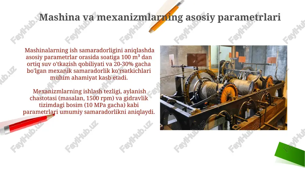 90% dan yuqori bo'lib, 1 soatda 100 m³ dan ortiq suvni nasos qilish imkoniyatiga ega. ba'zi zamonaviy gidromexanizatsiya agregatlari 200 kvt dan ortiq quvvatga ega bo'lib, soatiga 15 ga yaqin gektar maydonni ishlov bera oladi. e'tiboringiz uchun rahmat @taqdimot_robot image2.png image1.png image5.jpg image6.jpg image7.jpg image8.jpg image9.jpg image10.jpg image11.jpg image12.jpg image13.jpg image14.jpg image15.jpg image16.jpg image17.jpg image18.jpg image19.jpg