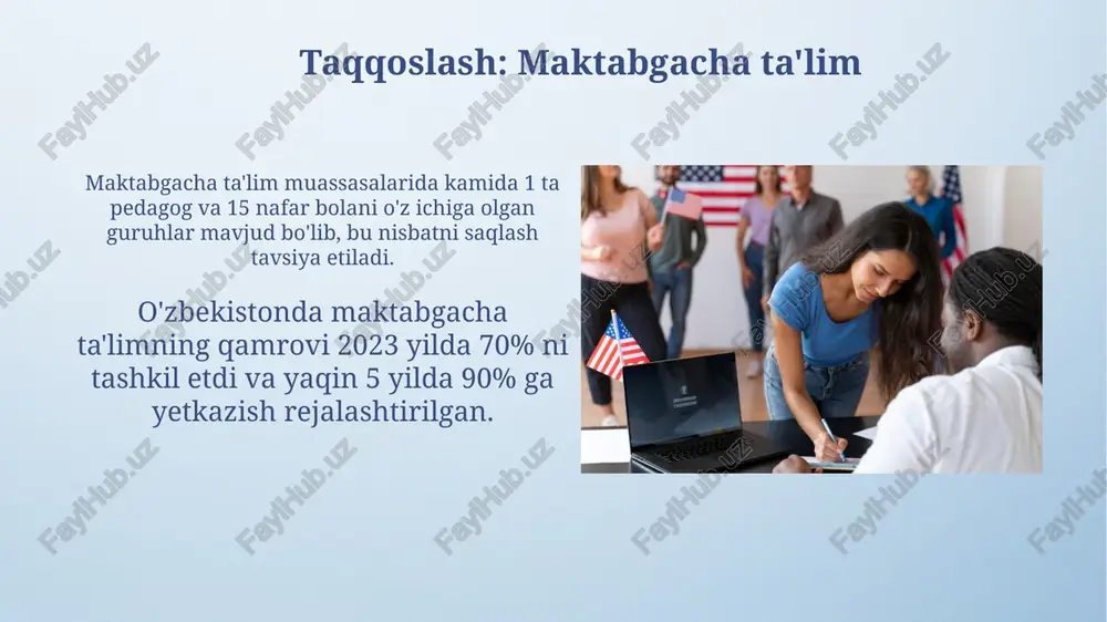 lar bo'yicha. kuchsiz tomoni - innovatsion texnologiyalarni qo'llash darajasi pastligi va amaliy ko'nikmalarga e'tiborning yetarli emasligi. aqsh ta'lim tizimi turli xil o'quv dasturlari va kollejlarning ko'pligi (4000 dan ortiq) bilan ajralib turadi. kuchsiz tomoni esa, yuqori o'quv yurtlariga kirishning yuqori narxi va ta'lim sifatining notekisligi. rossiya ta'lim tizimi rossiyada oliy ta'lim muassasalarining 70% dan ortig'i davlat tomonidan moliyalashtiriladi, ammo talabalar to'lov-kontrakt asosida ham o'qishlari mumkin. rossiya ta'lim tizimi 11 yillik majburiy ta'limni o'z ichiga oladi, undan keyin oliy ta'lim muassasalarida bakalavr (4 yil) va magistratura (2 yil) dasturlari mavjud. ta'lim moliyalashtirilishi fransiyada ta’limning asosiy qismi davlat byudjeti hisobidan qoplanadi, lekin oliy ta’limda oʻqish toʻlovi mavjud boʻlib, bu miqdor mutaxassislikka bogʻliq. rossiyada ta’lim tizimi federal va mintaqaviy byudjetlar, shuningdek, xususiy sarmoyalar hisobidan moliyalashtiriladi, bu yerda davlat maktablari bepul, ammo oliy oʻquv yurtlari toʻlov-kontrakt asosida ham faoliyat yuritadi. e'tiboringiz uchun rahmat @taqdimot_robot image4.png image5.jpg image6.jpg image7.jpg image8.jpg image9.jpg image10.jpg image11.jpg image12.jpg image13.jpg …