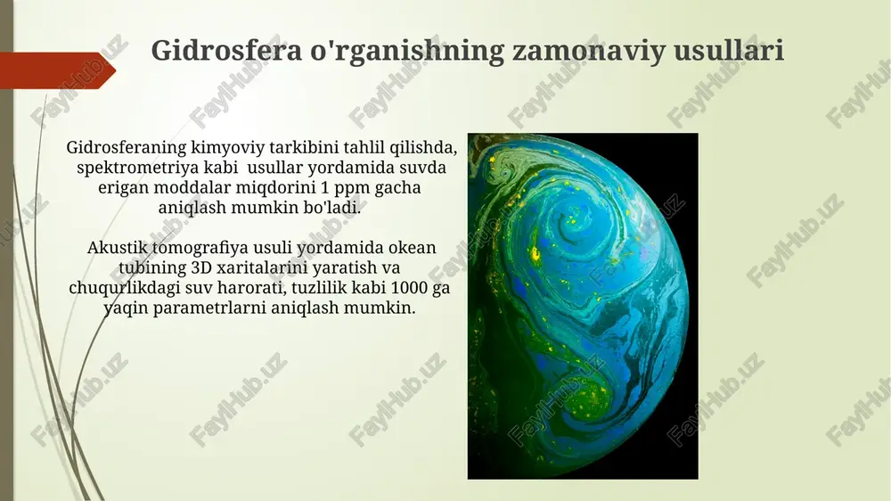 suvning yuzaki oqimlari kuchli bo'lib, fitoplanktonning yuqori konsentratsiyasini ta'minlaydi. gidrosferaning monitoringi va prognozi gidrosfera monitoringi va prognozining aniqligi 90% dan ortiq bo'lishi uchun, turli manbalardan olingan ma'lumotlarning birlashtirilishi va mashina o'rganish algoritmlaridan foydalanish muhim ahamiyatga ega. suv sifati parametrlarining prognozi, masalan, kislorod miqdori (do) va ph qiymati, gidrokimyoviy modellardan foydalanib, 72 soatgacha oldindan bashorat qilinadi. gidrosferaning kelajagi va global muammolar global isish tufayli muzliklarning erishi natijasida dengiz sathining ko'tarilishi 2100 yilga kelib taxminan 1 metrga yetishi va qirg'oq zonalarining suv bosishiga olib kelishi taxmin qilinmoqda. dunyo suv resurslarining taxminan 97% tuzli suv bo'lib, aholi sonining o'sishi va suv iste'molining ortishi suv tanqisligini kuchaytiradi, bu esa 2030 yilga kelib 40% gacha suv taqchilligini keltirib chiqarishi mumkin. jahon okeani va uning xususiyatlari jahon okeanining o'rtacha chuqurligi 3700 metrni tashkil etadi, eng chuqur nuqtasi esa mariana xandagi 11034 metrdan oshadi, bu yer yuzidagi eng chuqur nuqta hisoblanadi. okean suvining o'rtacha sho'rlanishi 35 promille …
