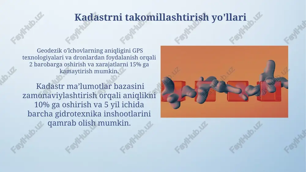 i baholash inshootlarning texnik holatini baholashda 5 ball shkalasi qo‘llanilib, har bir parametr (masalan, betonning mustahkamligi, metall konstruktsiyalarning korroziyasi) bo‘yicha ball beriladi va umumiy baholash amalga oshiriladi. gidrotexnika inshootlarining texnik holatini baholashda 30% dan ortiq elementlarning shikastlanishi ta’mirlash ishlarini zarurligini ko‘rsatadi, bu esa inshoot xavfsizligini ta’minlash uchun muhimdir. zamonaviy texnologiyalarni qo'llash bulutli texnologiyalar va gis platformalari gidrotexnika inshootlari kadastrini yaratish va boshqarish jarayonini avtomatlashtirishga yordam beradi, bu esa xarajatlarni 15% ga kamaytirish va ish samaradorligini 20% ga oshirish imkonini beradi. sun'iy intellekt algoritmlari inshootlar holatini tahlil qilish, shikastlanish darajasini aniqlash va ta'mirlash ishlarini rejalashtirish uchun 90% aniqlik bilan foydalanish mumkin, bu esa xavfsizlikni oshirishga yordam beradi. kadastr xaritalarini tuzish va tahrirlash yer uchastkalarining chegaralarini aniqlashda gps va gis texnologiyalari qo‘llanilib, kamida 5 ta nazorat nuqtasidan foydalaniladi, xatolik darajasini minimallashtirishga yordam beradi. xaritani tahrirlash jarayoni davomida kamida 2 marta mutaxassislar tomonidan tekshiruvdan o'tkaziladi va 10 dan ortiq parametrlar bo'yicha aniqlik tekshiriladi. …
