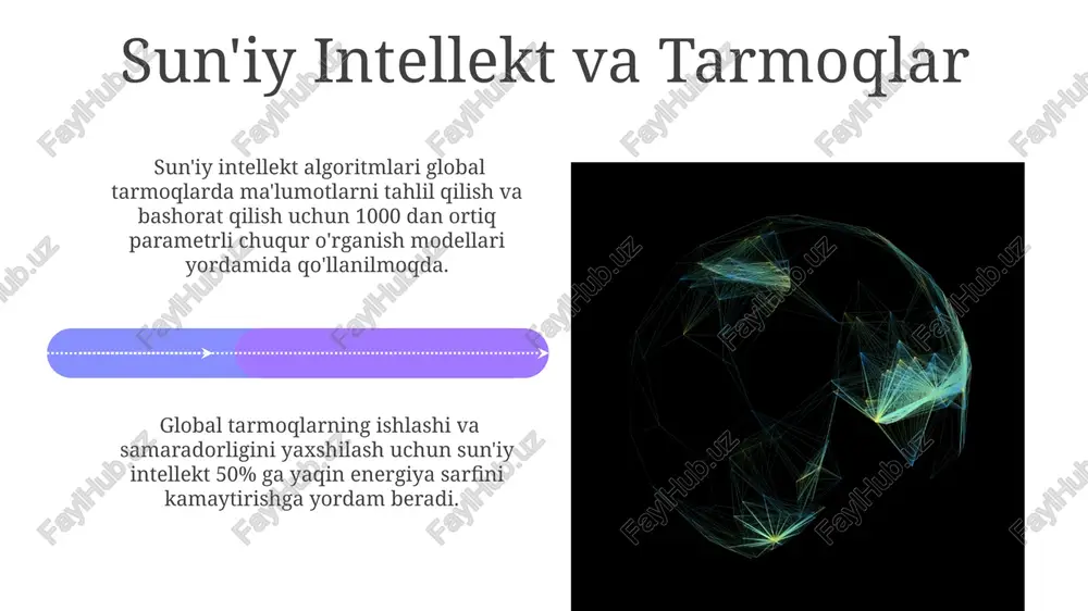 rish imkoniyatini beradi. zamonaviy tarmoq boshqaruvi tizimlari sdn (software defined networking) arxitekturasiga asoslangan bo'lib, markazlashgan boshqarish va tarmoq resurslarini 99% dan ortiq samaradorlik bilan avtomatlashtirilgan taqsimlashni ta'minlaydi. tarmoqning ijtimoiy ta'siri ijtimoiy tarmoqlar orqali yolg‘on axborotlarning tarqalishi natijasida 30% dan ortiq aholining fikr-mulohazalari buzilishi va siyosiy jarayonlarga salbiy ta'sir ko‘rsatishi mumkin. global tarmoqlarning rivojlanishi tufayli 50% dan ortiq yoshlar onlayn jamoalarda faol bo‘lib, shaxsiy munosabatlarning kamayishi va ijtimoiy izolyatsiya holatlarining ko‘payishi kuzatilmoqda. ma'lumotlar uzatishi ma'lumotlar uzatishda bandwith (o'tkazuvchanlik) muhim ahamiyatga ega bo'lib, u bir vaqtning o'zida uzatiladigan ma'lumotlar hajmini (masalan, mbps yoki gbps da o'lchanadi) belgilaydi. ma'lumotlar uzatish tezligi turli xil global tarmoqlarda farq qiladi, masalan, 5g tarmoqlari 1 gbps dan yuqori tezlikni ta'minlaydi, holos tolali optik tarmoqlar esa ancha yuqori tezliklarga ega. e'tiboringiz uchun rahmat @taqdimot_robot image4.jpg image5.jpg image6.jpg image7.jpg image8.jpg image9.jpg image10.jpg image11.jpg image12.jpg image13.jpg image14.jpg image15.jpg image16.jpg image17.jpg image18.jpg image19.jpg image20.jpg image1.jpeg image2.jpeg image3.jpeg