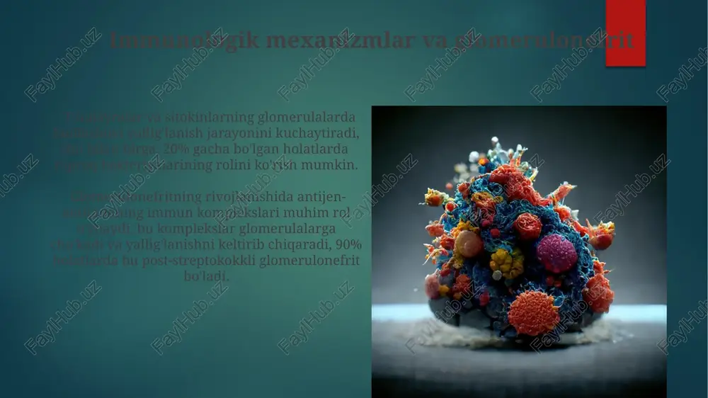 lanmagan endokarditda 80% gacha yuqori bo'lishi mumkin. bakterial glomerulonefrit bakterial glomerulonefritning rivojlanishida streptokokklar, xususan, a guruhiga mansub β-gemolitik streptokokklarning yuqori darajada ta’siri (taxminan 80-90%) kuzatiladi. post-streptokokkli glomerulonefrit odatda streptokokk infektsiyasidan 1-3 hafta o'tgach rivojlanadi va buyrak biopsiyasi natijalari immun komplekslarning cho'kishiga ishora qiladi. zambarli endokardit zamburi endokarditni davolashda yuqori dozalarda antibiotiklarni kamida 4-6 hafta davomida qo'llash talab etiladi, bu esa bakteriyalarni to'liq yo'q qilish uchun zarurdir. zamburi endokarditning rivojlanishida staphylococcus aureus bakteriyalari 90% hollarda asosiy etiologik omil hisoblanadi va ko'pincha qon oqimiga infektsiyaning kirishi orqali sodir bo'ladi. endokarditning rivojlanishida mikroorganizmlarning roli endokarditning rivojlanishida asosan 50% dan ortiq hollarda streptococcus viridans kabi streptokokklar va staphylococcus aureus kabi stafilokokklar kabi bakteriyalar sabab boʻladi. yuqumli endokarditning rivojlanishiga olib keladigan bakteriyalar qon oqimiga tish, teri yoki boshqa infektsiyalardan tushadi, so'ngra yurak klapanlariga yopishib, yallig'lanishni keltirib chiqaradi. e'tiboringiz uchun rahmat @taqdimot_robot image6.jpg image7.jpg image8.jpg image9.jpg image10.jpg image11.jpg image12.jpg image13.jpg image14.jpg image15.jpg image16.jpg image17.jpg image18.jpg image19.jpg …
