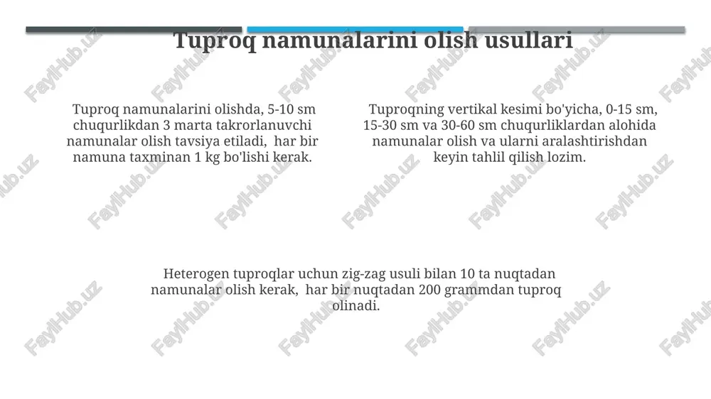 arini (qum, gil, chang) o'lchamlarini aniqlash uchun elenmə usulini qo'llaydi va ularning nisbatlarini foizlarda ifodalaydi. analiz natijalari tuproqning tekstura sinfini (masalan, qumloq, gil, o'rtacha gil) aniqlash va shu bilan tuproqning suvni ushlab turish qobiliyati, havo o'tkazuvchanligi kabi xususiyatlarini baholash imkonini beradi. tuproq namunasini tayyorlash jarayonida, 100 grammdan ortiq namuna olish va uni 6 soat davomida suvda qaynatish zarur, bu esa agregatlarni yaxshi ajratishga yordam beradi. e'tiboringiz uchun rahmat @taqdimot_robot image1.jpeg