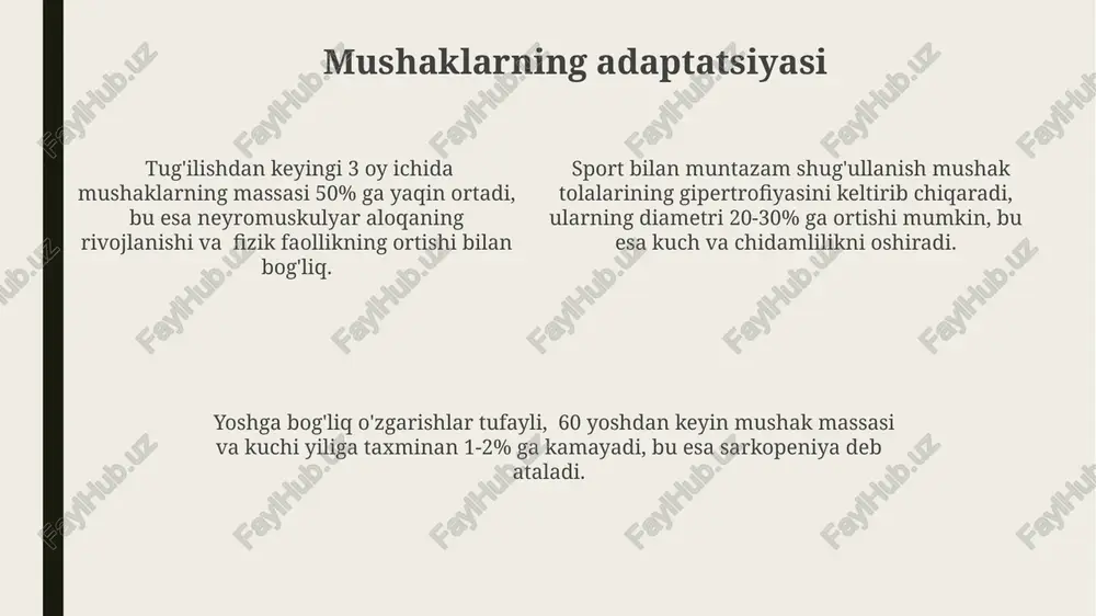 hajmi va kuchini sezilarli darajada (masalan, 20-30%) oshirishi mumkin. harakatning rivojlanishida 8 haftaga kelib, skelet mushaklarining asosiy massasi mioblastlarning birlashuvi natijasida hosil bo'ladi, bu esa 1000 dan ortiq yadroli sinsitiallarning paydo bo'lishiga olib keladi. postnatal davrda harakat rivojlanishi miya korteksining rivojlanishi bilan chambarchas bog'liq bo'lib, 6 oylik chaqaloqlarda asosiy reflekslar asta-sekin ixtiyoriy harakatlar bilan almashina boshlaydi. mushaklarning kuchlanishi va chidamliligi o'smirlik davrida mushak massasi va kuchi tez sur'atlarda o'sadi, bu testosteron va boshqa gormonlar darajasining oshishi bilan chambarchas bog'liq. bola 2 yoshga to'lganida, chidamlilik ko'rsatkichlari sezilarli darajada yaxshilanadi, maksimal kislorod iste'moli (vo2 max) kattalarga nisbatan ancha past bo'lsa ham. tug'ilishdan keyingi birinchi yilda mushaklarning kuchlanishi taxminan 50% ga oshadi, bu asosan miyelinlashuv va neyromuskulyar bog'lanishlarning rivojlanishi bilan bog'liq. mushaklarning qarish jarayoni miyofibrillarning atrofiyasi va tip i mushak tolalarining nisbiy kamayishi mushak kuchining pasayishiga olib keladi. mushaklarning yoshi o'tishi bilan 25-30% atrofida massasini yo'qotishi va sarkopeniya deb ataluvchi holatga olib kelishi …