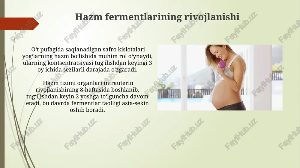tug'ilishdan keyingi birinchi yilda o'z faoliyatini to'liq rivojlantiradi, glyukoza regulyatsiyasi muhim ahamiyat kasb etadi. ichak mikrobiotasining shakllanishi chaqaloqning tugʻilish usuli (tabiiy yoki sezaryen) ichak mikrobiotasining dastlabki kolonizatsiyasi va keyingi rivojlanishiga sezilarli darajada ta’sir qilib, turli xil bakteriya turlarining nisbatini o'zgartiradi. ichak mikrobiotasining shakllanishi tugʻilishdan keyin 1-yilda tez sur’atlarda sodir boʻlib, 10 14 ga yaqin bakteriya hujayralarining koʻpayishi bilan tavsiflanadi. e'tiboringiz uchun rahmat @taqdimot_robot image1.jpg image2.jpg image3.jpg image4.jpg image5.jpg image6.jpg image7.jpg image8.jpg image9.jpg image10.jpg image11.jpg image12.jpg image13.jpg image14.jpg image15.jpg