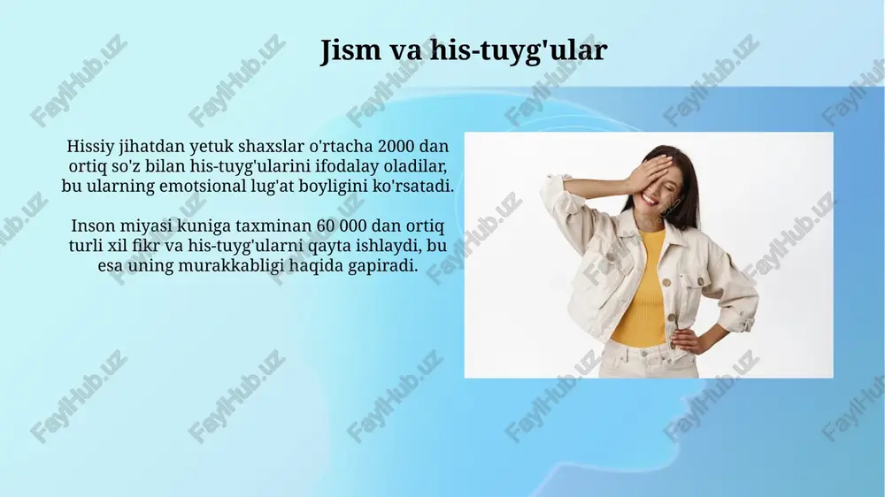 % ga oshirishi mumkin. his-tuyg'ularni boshqarishning samarali usullaridan biri – kuniga kamida 15 daqiqa meditatsiya yoki chuqur nafas olish mashqlarini bajarish, bu stress gormonlari darajasini pasaytiradi va hissiy barqarorlikni oshiradi. his-tuyg'ular va stress hissiy jihatdan zo'riqish, masalan, g'azab yoki qo'rquv, qon bosimini 15-20 mm hg ga oshirishi va yurak urish tezligini tezlashtirishi mumkin. surunkali stress kortizol gormoni darajasining uzluksiz oshishiga olib keladi, bu esa immunitet tizimini zaiflashtiradi va 30% ga yaqin infeksiyon xavfini oshiradi. his-tuyg'ularning ifodalanishi hissiy ifodalanishning 70% dan ortig'i noo'zluksiz (nonverbal) aloqa orqali, ya'ni yuz ifodalari, tana holati va ovozimiz ohangi orqali amalga oshiriladi. hissiy aql (eq) ko'rsatkichi his-tuyg'ularni tushunish, boshqarish va ularni ijtimoiy munosabatlarda samarali ishlatish qobiliyatini o'lchaydi va yuqori eq ga ega bo'lgan odamlar o'rtacha 15% ko'proq muvaffaqiyatga erishadilar. e'tiboringiz uchun rahmat @taqdimot_robot image2.jpg image3.jpg image4.jpg image5.jpg image6.jpg image7.jpg image8.jpg image9.jpg image10.jpg image11.jpg image12.jpg image13.jpg image14.jpg image15.jpg image16.jpg image17.jpg image18.jpg image1.png