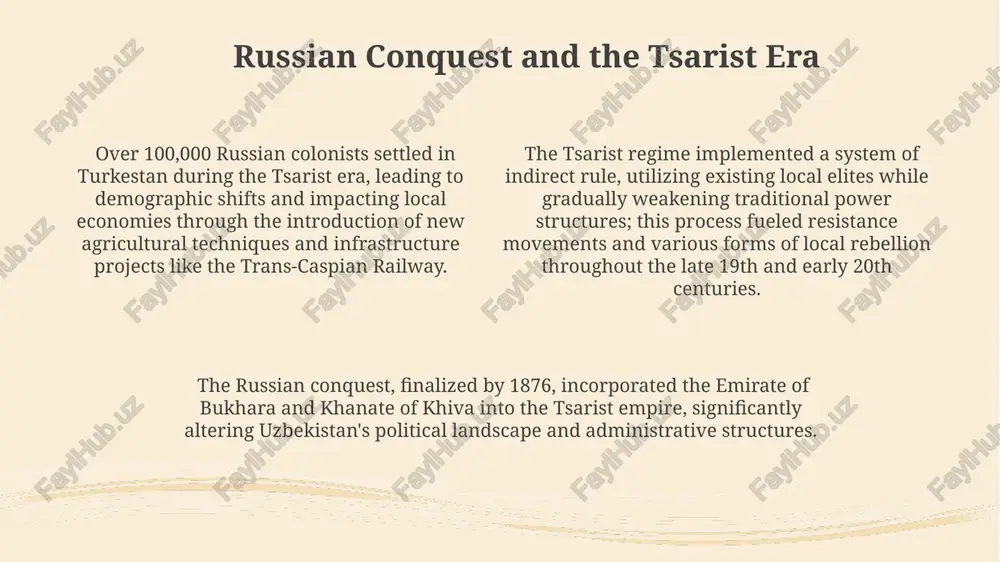 cture development, including significant investments in road and rail networks exceeding $10 billion since 2017, aims to improve connectivity and facilitate trade within and beyond uzbekistan. foreign direct investment (fdi) inflows into uzbekistan have significantly increased in recent years, exceeding $1 billion annually, driven by sectors like mining, textiles, and agriculture, boosting economic diversification. uzbekistan's economic reforms in the 1990s, transitioning from a centrally planned to a market-based economy, saw gdp growth averaging 4-5% annually, though initial privatization efforts faced challenges. the khanates: a period of division the four major khanates – kokand, bukhara, khiva, and kunduz – emerged after the disintegration of the timurid empire in the early 16th century, each vying for regional dominance and control of lucrative trade routes. the khanates' period, lasting roughly three centuries, witnessed a constant power struggle marked by numerous internal conflicts, dynastic changes (over 20 ruling families across all khanates), and external …