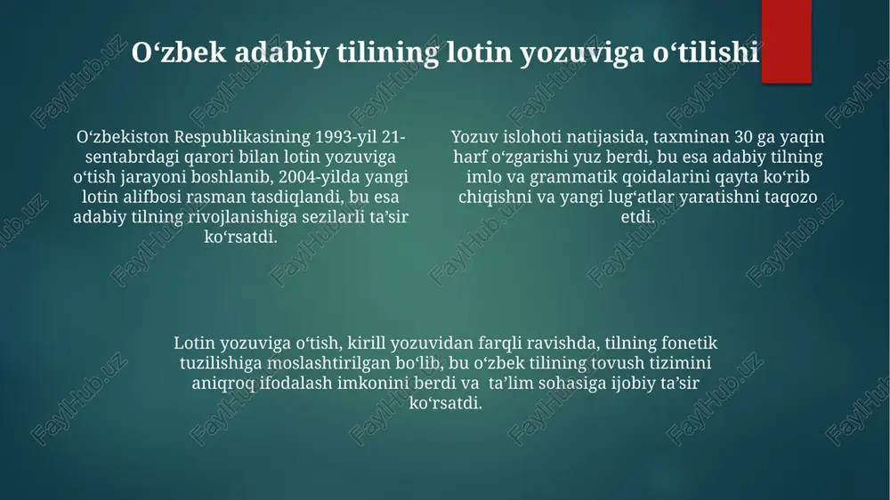 imiga katta ta'sir ko'rsatdi. o'zbek adabiy tilining kirill alifbosida yozilishi, rus tiliga yaqinlashishga va sovet madaniy siyosatining bir qismi sifatida sovet ittifoqining boshqa hududlaridagi xalqlar bilan madaniy aloqalarni osonlashtirishga qaratildi. qadimgi va oʻrta asrlar oʻzbek yozma yodgorliklari qadimgi oʻzbek yozma yodgorliklari, milodiy ix-xii asrlarga mansub, turkiy til oilasining oʻgʻuz guruhida boʻlgan yozuv namunalarini oʻz ichiga oladi, jumladan, 100 dan ortiq turli yozuv tizimlari qoʻllanilgan. oʻrta asrlar oʻzbek adabiyoti namunalarida, masalan, "alisher navoiy" asarlarida, arab yozuvi asosida shakllangan adabiy tilning boy leksikasi va grammatik tuzilmalari yaqqol koʻzga tashlanadi, taxminan 10 000 dan ortiq soʻz boyligi mavjud edi. xiv-xv asrlarda yozilgan "bobur boburnoma" singari tarixiy manbalar, oʻsha davr oʻzbek tilining fonetik xususiyatlari, morfologik tuzilmalari va lugʻaviy tarkibini oʻrganish uchun muhim manba hisoblanadi, ularda turli shevalar aralashuvi kuzatiladi. oʻzbek adabiy tilining stilistikasi va uslubiyati oʻzbek adabiy tilida 20-asrning ikkinchi yarmidan boshlab, sovet davri taʼsiridan xoli boʻlmagan, ammo milliy oʻziga xoslikni saqlab qolgan yangi …