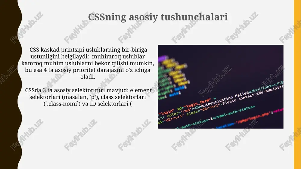 arning qidiruv tizimlari tomonidan to'g'ri indekslanishiga yordam beradi. semantik html va uning afzalliklari semantik html tuzilishi veb-sahifaning ma'lumotlarini mantiqiy tartibda tuzishga yordam beradi, bu esa 50% ga yaqin kodni soddalashtiradi va sahifani tezroq yuklashga olib keladi. semantik html, masalan, ` `, ` `, ` ` elementlaridan foydalanish, brauzerlarga sahifa tarkibini tushunishga va uni to'g'ri ko'rsatishga yordam beradi, bu esa seo (qidiruv tizimlari optimallashtirish)ni 20% ga yaxshilaydi. responsiv dizayn printsiplari responsiv dizayn viewport meta tegidan foydalanib, turli qurilmalarda optimal ko'rinishni ta'minlaydi. ushbu tegni to'g'ri ishlatish veb-sahifaning turli qurilmalardagi kattaligini va shkalasini boshqarishga yordam beradi. css media so'rovlari yordamida turli qurilma va ekran o'lchamlari uchun maxsus css uslublarini belgilash mumkin. masalan, 768 pikseldan kichik ekranlar uchun bitta dizayn, 1024 pikseldan katta ekranlar uchun esa boshqa dizaynni yaratish mumkin. accessible veb-saytlar yaratish kichik ekranlarda (768px dan kam) saytlarning mazmunini to'liq ko'rish uchun 100% masshtabdagi brauzerda tegishli media-so'rovlar (media queries) va responsiv dizayn texnologiyalaridan …