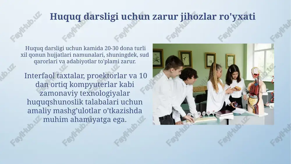 muhim. favqulodda chiqish eshiklarining soni va joylashuvi, shuningdek, evakuatsiya rejasining 10 dan ortiq o'quvchiga mo'ljallangan sinflarda ko'rinarli joyda osib qo'yilishiga rioya etilishi kerak. huquqiy hujjatlar to'plami to'plam tarkibida 10 dan ortiq huquqiy adabiyotlar va ilmiy maqolalar, shuningdek, 5 dan kam bo'lmagan amaliy qo'llanmalar bo'lishi shart, ularning barchasi huquqiy mutaxassislar tomonidan tasdiqlangan bo'lishi kerak. huquqiy hujjatlar to'plami kamida 50 ta konstitutsiya, qonunlar va kodekslarning 2023-yilgi yangilangan nusxalarini o'z ichiga olishi kerak, shuningdek, ularning elektron versiyalari ham taqdim etilishi lozim. interaktiv doska va markerlar interaktiv doska yuqori pikselli ekran sifatida (masalan, 4k) taqdimotlarni aniq va batafsil ko'rsatish, shuningdek, o'quvchilarning diqqatini jalb qilish imkonini beradi. markerlarning kamida 3 xil rangi (qora, ko'k, qizil) bo'lishi, yozuvning aniqligi va o'chirish qulayligi uchun muhimdir. e'tiboringiz uchun rahmat @taqdimot_robot image4.png image5.jpg image6.jpg image7.jpg image8.jpg image9.jpg image10.jpg image11.jpg image12.jpg image13.jpg image14.jpg image15.jpg image16.jpg image17.jpg image18.jpg image19.jpg image20.jpg image21.jpg image3.jpeg