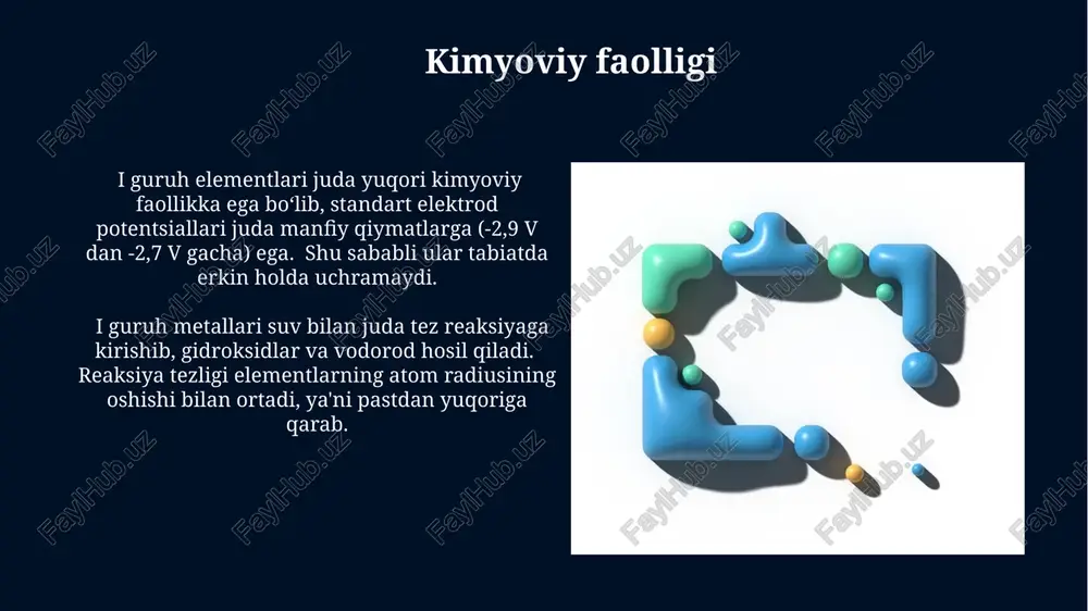 dlarning kimyoviy reaksiyalardagi faolligi galogenning elektr manfiyligi va metallning elektrokimyoviy potensialiga bog'liq bo'lib, 1-guruh elementlari galogenlar bilan oson reaksiyaga kirishadi. 1-guruh elementlarining galogenidlari, odatda, rangsiz kristall moddalar bo'lib, ularning tuzilishi ionli bog'lanish bilan tavsiflanadi va ko'plab hollarda suvda yaxshi eriydi. tabiatda uchrashi litiy, natriy va kaliy yer po'stlog'ida nisbatan keng tarqalgan bo'lib, ularning miqdori mos ravishda 65, 28.5 va 2.6 gramm/tonnani tashkil etadi. rubidiy va seziy juda kam uchraydigan elementlar bo'lib, ularning yer po'stlog'idagi miqdori milligram/tonna bilan o'lchanadi va uran rudalarida iz sifatida topiladi. olish usullari suvda erigan tuzlardan metallarni ajratib olishda, ion almashinuvi membranalari yordamida 95% gacha tozalik darajasiga erishish mumkin. olish usullarining samaradorligi 90% dan yuqori boʻlishi uchun, 2-3 bosqichli tozalash jarayoni va yuqori tozalikdagi reaktivlar qoʻllanilishi kerak. e'tiboringiz uchun rahmat @taqdimot_robot image5.jpg image6.jpg image7.jpg image8.jpg image9.jpg image10.jpg image11.jpg image12.jpg image13.jpg image14.jpg image15.jpg image16.jpg image17.jpg image18.jpg image19.jpg image20.jpg image21.jpg image1.jpg