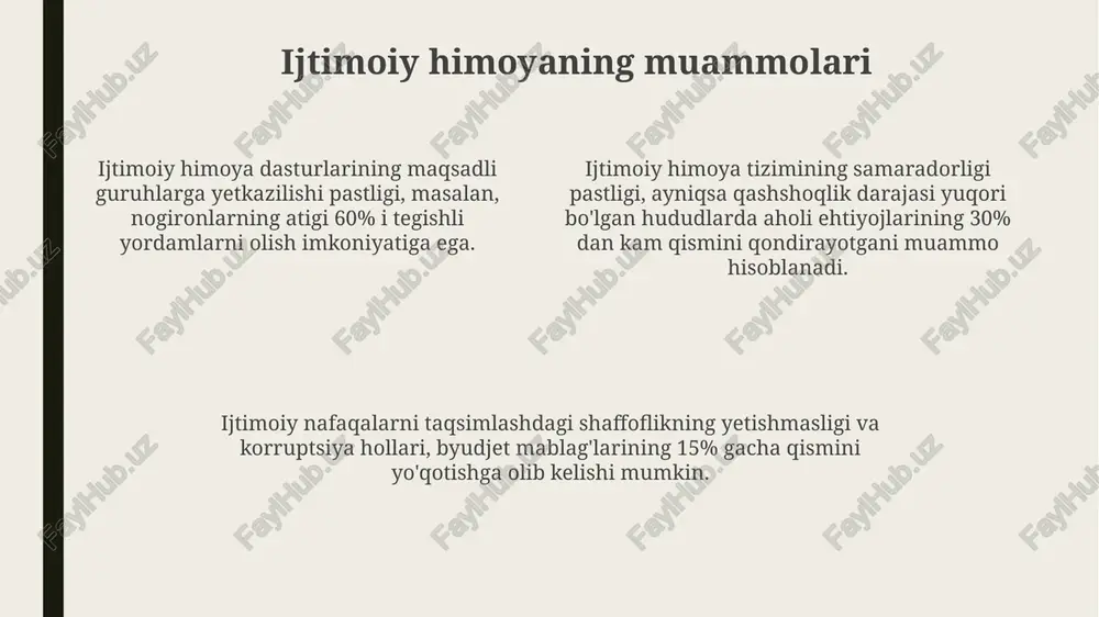 hirish uchun korrupsiyaga qarshi kurash va shaffoflikni ta’minlash muhim ahamiyatga ega. kam ta’minlangan oilalarga 50% gacha subsidiyalar berish orqali ularning turmush darajasini oshirish va ijtimoiy tengsizlikni kamaytirish mumkin. e'tiboringiz uchun rahmat @taqdimot_robot