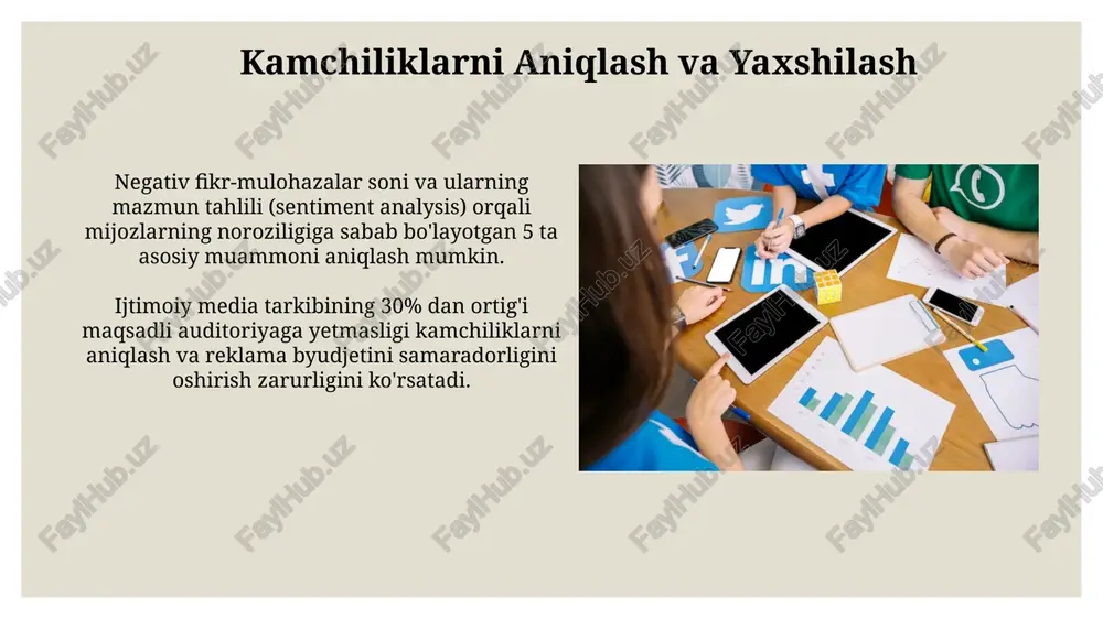 i tanlash kerak. masalan, instagram vizual kontent uchun, linkedin professional aloqalar uchun, youtube video kontent uchun juda mos keladi. har bir platformaning reklama imkoniyatlari va narxlarini tahlil qilish lozim. masalan, facebook va instagramda aniq maqsadli reklama imkoniyatlari mavjud bo'lib, ularning narxi boshqa platformalarga nisbatan farq qilishi mumkin. xulosa va tavsiyalar ijtimoiy media tahlilining natijalariga ko'ra, 30% foydalanuvchilar brendga nisbatan salbiy munosabatda ekanligi aniqlandi, shuning uchun pr-strategiyasini qayta ko'rib chiqish tavsiya etiladi. o'rganish natijalariga asoslanib, maqsadli auditoriya bilan samarali aloqa o'rnatish uchun instagram va youtube platformalarida 5 ta yangi kontent strategiyasini ishlab chiqish kerak. ijtimoiy media strategiyasini baholash ijtimoiy media strategiyasining samaradorligini baholashda, 70% ga yaqin foizni organik yetkazish va 30% ni pullik reklama tashkil qilishi maqsadga muvofiqdir. auditoriya o'sishi va faollik ko'rsatkichlarini (masalan, "layklar", sharhlar, ulashishlar) tahlil qilish orqali, strategiyaning ta'sirini 3 oy davomida kuzatish mumkin. raqobat muhiti tahlili raqobat muhitini baholashda, hashtaglar ( brandname, e'tiboringiz uchun rahmat @taqdimot_robot image3.jpg …
