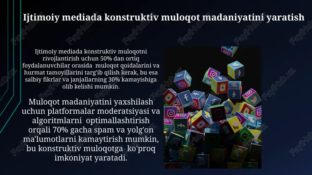 uvchilarning ma'lumotga kirish imkoniyatini yaxshilaydi, ammo filtr pufakchalari xavfini ham oshiradi. ijtimoiy mediani ta'lim va o'qitishda qo'llash o'quv materiallari, jumladan, video darsliklar, testlar va onlayn forumlarni joylashtirish orqali, 500 dan ortiq o'quvchi bilan bir vaqtning o'zida o'zaro aloqa qilish mumkin. ijtimoiy media orqali o'quvchilarning 70% gacha faol ishtirokini ta'minlash mumkin, bu esa an'anaviy usullarga nisbatan samaradorlikni 25% ga oshiradi. ijtimoiy mediada axborotdan foydalanishning amaliy misollari ijtimoiy media orqali 2023-yilgi prezident saylovlari haqidagi ma’lumotlarni tahlil qilish orqali siyosiy tendentsiyalarni aniqlash va 500 mingdan ortiq foydalanuvchining fikrlarini umumlashtirish mumkin. ta’lim sohasidagi 300 dan ortiq onlayn kurslarni ijtimoiy media orqali topish va ularning samaradorligini baholash orqali shaxsiy rivojlanishni tezlashtirish mumkin. ijtimoiy mediada axborotni qidirish strategiyalari ijtimoiy mediada ma'lumot qidirishda teglar ( ishonchli manbalarni aniqlash uchun kamida 3 ta mustaqil manbadan ma'lumot tekshirish kerak, bu esa noto'g'ri ma'lumotlarning tarqalishini 70% ga kamaytiradi. ma'lumotlarni saralash va tahlil qilish usullari ma'lumotlarni to'plashda 30% dan ortiq foydalanuvchilarning …