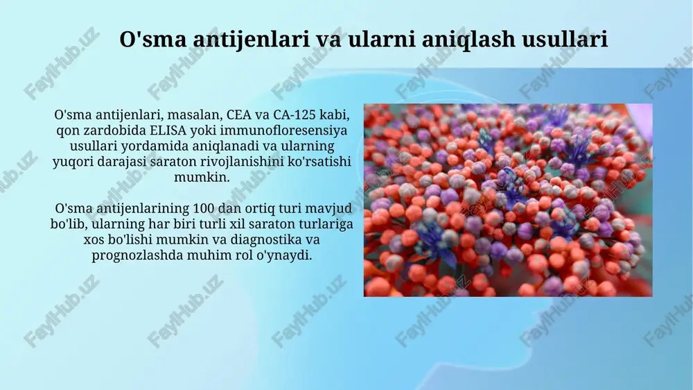 tning o'smaga qarshi nazorati mexanizmlarida t-killer hujayralari muhim rol o'ynaydi, ular o'sma hujayralarini aniqlab, 50% gacha yo'q qilishi mumkin. nk hujayralarining o'smaga qarshi ta'siri mhc i molekulalarining kamligi bilan belgilanadi, bu esa o'sma hujayralarini tanish va yo'q qilishning 15% dan ortiq samaradorligini ta'minlaydi. immunosurpressantlar va o'sma xavfi transplantatsiya qilingan bemorlarda, immunosupressantlar bilan davolash tufayli, teratoma va limfoma kabi o'sma turlari rivojlanish xavfi 10-20 baravar ortadi. immunosupressantlarni uzoq muddatli qo'llash, 30% ga yaqin holatlarda malign o'smalar xavfini sezilarli darajada oshirishi mumkin, bu esa immun tizimining zaiflashishi bilan bog'liq. o'sma markerlari va diagnostikada qo'llanilishi o'sma markerlari, masalan, psa (prostat spetsifik antigeni) darajasi 4 ng/ml dan yuqori bo'lsa, prostata saratonining yuqori ehtimolini ko'rsatishi mumkin, ammo yakuniy tashxis uchun biopsiya kerak. cea (karsinoembrionik antigen) va ca 19-9 kabi o'sma markerlari kolorektal saratonini aniqlashda qo'llaniladi, ammo ularning sezuvchanligi va o'ziga xosligi chegaralangan, shuning uchun boshqa diagnostik usullar bilan birgalikda qo'llaniladi. o'sma hujayralarining kelib chiqishida immun …