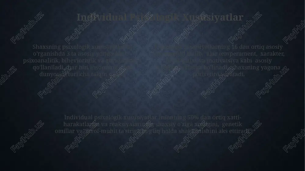 tlarini belgilaydi, lekin ularni toʻliq aniqlamaydi. xarakter xususiyatlari xarakterning shakllanishi genetik moyillik va ijtimoiy-madaniy omillar o'zaro ta'siriga bog'liq bo'lib, taxminan 40% genetika, 60% esa atrof-muhit ta'siriga bog'liq deb taxmin qilinadi. xarakter xususiyatlari shaxsning 5 ta asosiy omil modeli (big five) orqali tahlil qilinishi mumkin: ochiqlik, vijdonlilik, ekstraversiya, yoqimli muloqot va neyrotizm. ushbu omillar miqdoriy ko'rsatkichlar orqali o'lchanishi mumkin. xarakterning mustahkamligi va moslashuvchanligi individual farqlarga ega bo'lib, 20 yoshdan keyin nisbatan barqaror holatga keladi, lekin hayot davomida o'zgarishlarga uchrashi mumkin. qobiliyatlarning ta'rifi qobiliyatlar insonning ma'lum bir faoliyat turini muvaffaqiyatli bajarish imkoniyatini aks ettiruvchi psixologik xususiyatlar bo'lib, ular 3 ta asosiy turga: umumiy, maxsus va ijodiy qobiliyatlarga bo'linadi. qobiliyatlarning rivojlanishiga ta'sir etuvchi omillar orasida genetika (40-60%), o'qitish (20-30%), va shaxsning o'ziga xos xususiyatlari (10-20%) kabi muhim jihatlar mavjud. taxminan 150 ga yaqin turdagi qobiliyatlar aniqlangan bo'lib, ularning har biri genetik omillar va atrof-muhit ta'siri natijasida shakllanadi va individual farqlanishlarni namoyon qiladi. e'tiboringiz …