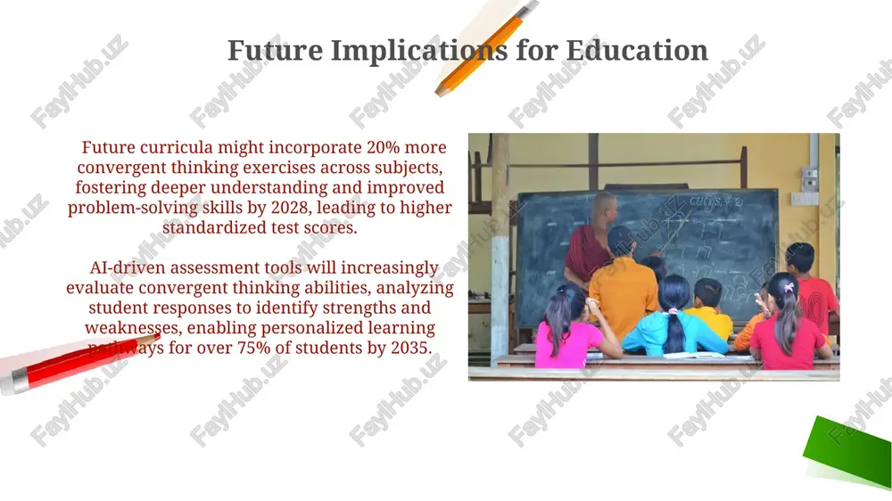 possibilities. balancing convergent and divergent thinking assessment methods should reflect this balance; evaluating both the breadth of ideas generated (divergent) and the quality of the chosen solution's rationale and execution (convergent) using rubric scoring for both phases. to foster optimal learning, integrate activities that explicitly shift between divergent and convergent thinking phases. for example, allocate 25 minutes to brainstorming solutions, then 15 minutes to critically evaluating and selecting the best 3. thank you for your attention @taqdimot_robot image2.png image1.png image5.jpg image6.jpg image7.jpg image8.jpg image9.jpg image10.jpg image11.jpg image12.jpg image13.jpg image14.jpg image15.jpg image16.jpg