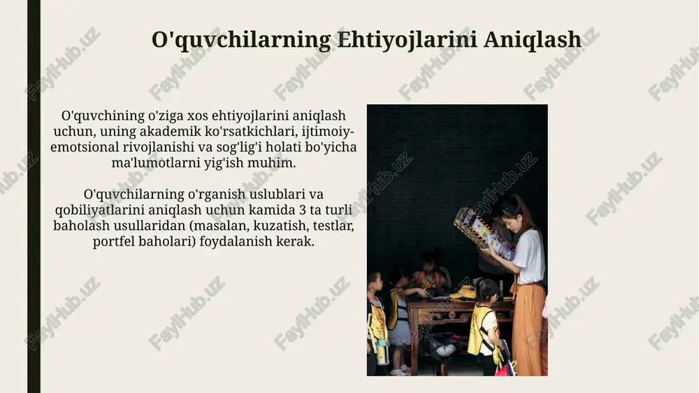 bu yerda turli ehtiyojlarga ega bo‘lgan 100 dan ortiq o‘quvchi muvaffaqiyatli ta’lim olmoqda. o‘zbekistonning 10 dan ortiq maktabida inklyuziv ta’limning samarali qo‘llanilishi natijasida, o‘quvchilarning o‘rtacha o‘zlashtirish ko‘rsatkichlari 15% ga oshgan va bu ijtimoiy moslashuv darajasining yuksalishini ko‘rsatadi. inklyuziv ta'limning mohiyati inklyuziv ta'lim 100% dan ortiq o'quvchilarning turli ehtiyojlariga, shu jumladan, jismoniy, intellektual va ijtimoiy-emotsional farqlariga moslashtirilgan ta'limdir. inklyuziv maktablar kamida 5 ta turli xil o'qitish uslublarini qo'llab, har bir o'quvchining o'rganish uslubiga moslashish imkonini beradi va o'quv jarayoniga 100% jalb etishni maqsad qiladi. inklyuziv sinf xonalarini yaratish inklyuziv ta'lim samaradorligini oshirish uchun, sinf xonalarida kamida 2 ta turli xil oʻquv texnologiyalari (masalan, interaktiv doska va kompyuterlar) mavjud boʻlishi maqsadga muvofiq. kamida 30% inklyuziv sinf xonalari oʻquv materiallarining universal dizayn prinsiplariga muvofiqligi va brail shrifti bilan ta'minlanishi kerak. o'qituvchilarning rol va mas'uliyati inklyuziv sinf xonasini yaratish uchun o'qituvchilar o'quvchilar o'rtasida samarali hamkorlikni rivojlantirishga, 20% dan ortiq vaqtni guruhlarda ishlashga bag'ishlashi zarur. …
