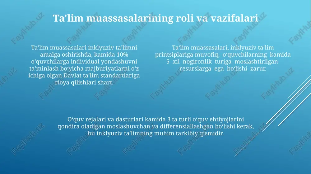 . inklyuziv ta'limning asosiy tushunchalari inklyuziv ta'lim barcha bolalarga, shu jumladan nogiron bolalarga, 12 yoshgacha bo'lgan bolalarga ham teng imkoniyatlarni ta'minlashga qaratilgan bo'lib, ularning o'quv ehtiyojlarini qondirish maqsadida individual yondashuvni o'z ichiga oladi. inklyuziv ta'limning muhim jihatlaridan biri – o'qituvchilarning malakasini oshirish va 5 ta asosiy komponentdan iborat bo'lgan qo'llab-quvvatlash xizmatlarini ta'minlash orqali samarali inklyuziya strategiyasini amalga oshirish hisoblanadi. inklyuziv ta'lim tizimi, kamida 3 turdagi o'quv resurslaridan foydalanish, differensial pedagogika va keng qamrovli baholovchi vositalarni qo'llash orqali bolalarni o'rganish jarayoniga faol jalb qilishni nazarda tutadi. bmtning nogironlar huquqlari konvensiyasi bmtning nogironlar huquqlari konvensiyasi 192 davlat tomonidan ratifikatsiya qilingan bo'lib, nogironlarning teng huquqliligiga va ularning jamiyatga to'liq integratsiyasiga qaratilgan. konvensiya nogiron bolalar uchun inklyuziv ta'limni ta'minlashni, ularning o'quv ehtiyojlarini qondirishni va ijtimoiylashuvini qo'llab-quvvatlashni majburiy qiladi. konvensiyaning 24-moddasi inklyuziv ta'limni ta'minlash, ixtisoslashgan ta'lim xizmatlaridan foydalanish imkoniyatini berish va ta'limni osonlashtiruvchi texnologiyalardan foydalanishni nazarda tutadi. inklyuziv ta'limga oid xalqaro huquqiy hujjatlar 1990-yilgi butunjahon …