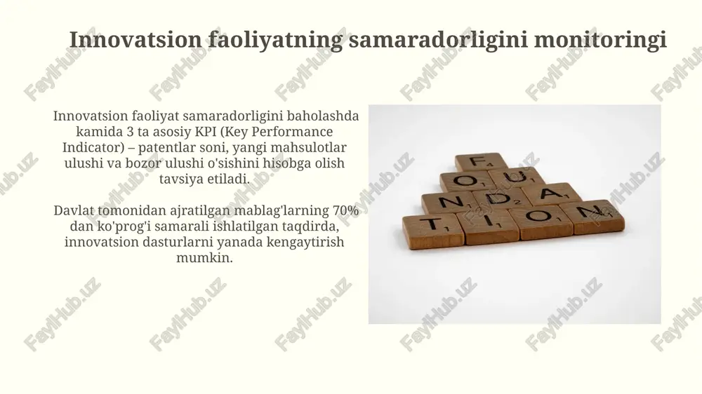 ndaki, venture kapital firmalari ko'pincha portfelga ko'proq kompaniyalarni qo'shadi, angel investorlar esa cheklangan miqdordagi kompaniyalarga sarmoya kiritadi. venture kapital firmalari odatda 1 million dollardan oshiq miqdordagi sarmoyani yuqori rivojlanish potentsialiga ega bo'lgan startaplarga, masalan, texnologiya sohasidagi kompaniyalarga sarmoya qiladi. innovatsion ekotizimni rivojlantirish innovatsion ekotizimni rivojlantirish uchun 10 ta texnopark va inkubatorlar tarmog'ini yaratish, 500 dan ortiq yangi ish o'rinlarini yaratishga olib keladi va milliy iqtisodiyotga 20% hissa qo'shadi. innovatsion faoliyatni moliyalashtirishda risk kapitali jamg'armalari ishtiroki 30% ga oshsa, 100 dan ziyod startaplarni rivojlantirishga va yangi texnologiyalarni joriy etishga imkon beradi. davlat-xususiy sheriklik innovatsion loyihalarni moliyalashtirishda dps mexanizmi orqali xususiy sektorning 70% ulushi va davlatning 30% ulushi bilan 100 ta yangi loyiha amalga oshirilgan. davlat-xususiy sheriklik (dps) loyihalari orqali infratuzilma rivojlantirishga 2023 yilda 1 milliard aqsh dollaridan ortiq mablag' jalb qilingan, bu esa innovatsion texnologiyalarni qo'llashga imkon berdi. e'tiboringiz uchun rahmat @taqdimot_robot image2.jpg image3.jpg image4.jpg image5.jpg image6.jpg image7.jpg image8.jpg image9.jpg image10.jpg …