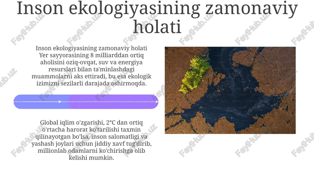 (masalan, ko'mir, neft) global energiya ta'minotining 80% dan ortig'ini tashkil etadi, bu esa karbon emissiyasining yuqori darajasiga olib keladi. global energiya iste'moli 2022-yilda taxminan 600 ej (eksadjoule) ga yetdi, bu iqlim o'zgarishiga va atrof-muhitning ifloslanishiga katta hissa qo'shdi. texnologiyalar va ekologik innovatsiyalar texnologiyalar yordamida 2023 yilda global karbon emissiyasini 15% ga kamaytirishga qaratilgan 500 dan ortiq innovatsion loyiha amalga oshirilmoqda. sun'iy intellekt va mashinani o'rganish texnologiyalari yordamida ekologik muammolarni aniqlash va hal qilishda aniqlik 80% gacha oshdi. barqaror rivojlanish maqsadlari barqaror rivojlanish maqsadlari (brm) 17 ta maqsad va 169 ta vazifadan iborat bo'lib, global miqyosdagi muammolarni hal etishga yo'naltirilgan. 2030 yilgacha bo'lgan davr uchun belgilangan brmlar iqlim o'zgarishi, kambag'allik, ochlik va sog'liqni saqlash kabi muhim ekologik va ijtimoiy masalalarni qamrab oladi. e'tiboringiz uchun rahmat @taqdimot_robot image4.jpg image5.jpg image6.jpg image7.jpg image8.jpg image9.jpg image10.jpg image11.jpg image12.jpg image13.jpg image14.jpg image15.jpg image16.jpg image17.jpg image18.jpg image19.jpg image20.jpg image1.jpeg image2.jpeg image3.jpeg