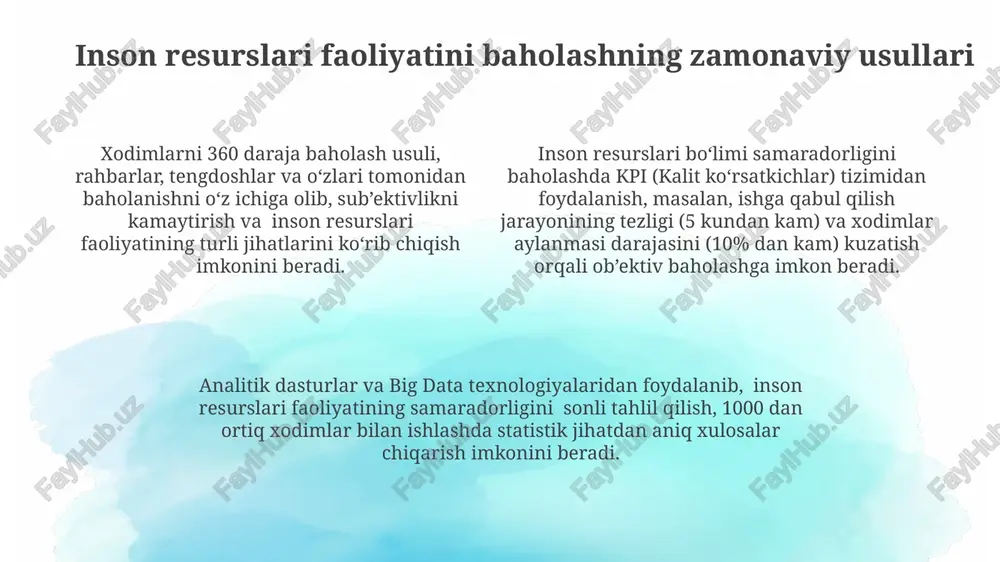 o'lchash mumkin. xodimlarning malakasini oshirish kurslaridan o'tganidan keyin ularning ish unumdorligining o'rtacha 10% ga oshishi va bu orqali kompaniya daromadining 5% ga o'sishi kvantitativ ko'rsatkich sifatida qaralishi mumkin. inson kapitalining investitsiya daromadini hisoblash xodimlarni baholash tizimi samaradorligini aniqlashda, o'rtacha 2 yil davomida ishlagan xodimlarning ishlab chiqarish ko'rsatkichlarini tahlil qilish orqali, 20% gacha bo'lgan samaradorlik oshishi kuzatilishi mumkin. inson kapitaliga investitsiya qilingan mablag'larning samaradorligini baholashda net present value (npv) metodi yordamida kelajakdagi daromadning bugungi kungacha bo'lgan qiymati hisoblab chiqiladi, bunda diskont stavkasi 5% dan 10% gacha bo'lishi mumkin. inson kapitaliga investitsiyalarning rentabelligini baholashda roi (return on investment) ko'rsatkichidan foydalaniladi, bunda xodimlarni tayyorlashga sarflangan xarajatlar va ularning ishlab chiqarish samaradorligi o'sishi o'rtasidagi bog'lanish tahlil qilinadi, masalan, 10% roi. kpi va muvaffaqiyat ko'rsatkichlarini qo'llash xodimlarning malakasini oshirish dasturlarini baholashda 80% dan ortiq muvaffaqiyat ko'rsatkichlari va kpi'lar qo'llanilishi samaradorlikni sezilarli darajada oshiradi. kpi va muvaffaqiyat ko'rsatkichlarini qo'llash orqali 15% gacha ish samaradorligini oshirish mumkin, …