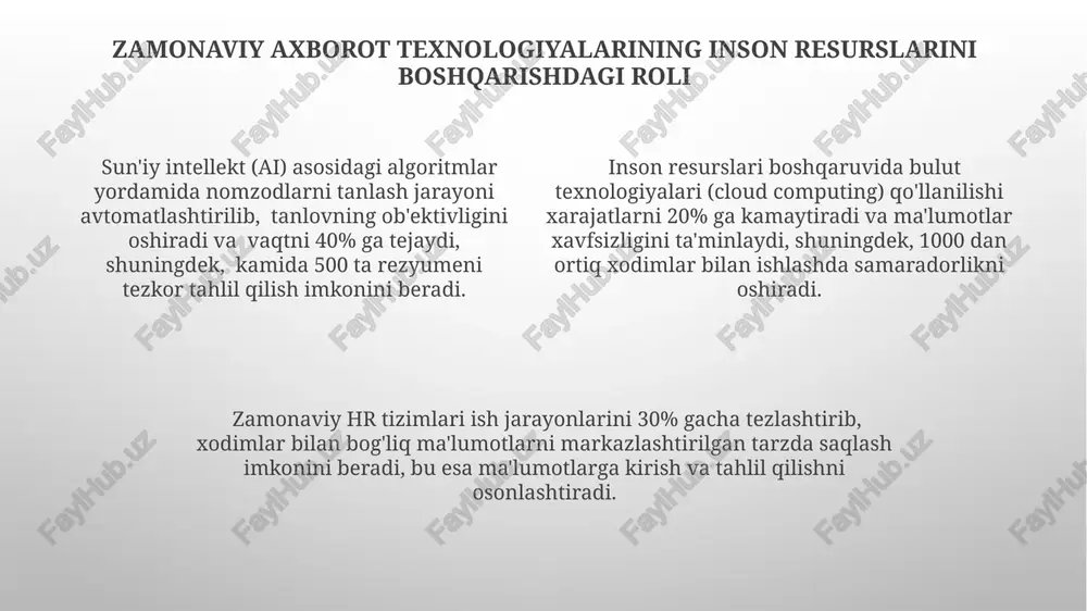 i 30% tezlashtirish va noto'g'ri tanlovlar sonini 10% ga kamaytirish mumkin. ish haqi to'lashdagi xatolarni aniqlash va ularni oldini olish uchun avtomatlashtirilgan tizimlar yordamida 5% ga xarajatlarni tejash va aniqlikni 95% ga oshirish mumkin. ma'lumotlar tahlili orqali ishchilarning aylanish darajasini 15% gacha kamaytirish va 20% ga samaradorlikni oshirish mumkinligini prognoz qilish mumkin. ish haqi va imtiyozlarni boshqarish tizimlari avtomatlashtirilgan ish haqi hisob-kitoblari xatoliklar sonini 15% ga kamaytirib, ish haqi to'lash jarayonini tezlashtiradi va ma'lumotlar xavfsizligini ta'minlaydi. zamonaviy tizimlar yordamida xodimlarni baholash va mukofotlashni avtomatlashtirish orqali 10 dan ortiq mezon bo'yicha samaradorlikni aniqlash mumkin. ish haqi va imtiyozlarni boshqarish tizimlari xodimlarga o'z maoshlari va imtiyozlariga onlayn kirish imkoniyatini beradi, bu esa 20% gacha vaqtdan tejashga yordam beradi. hr-da bulutli texnologiyalardan foydalanish bulutli texnologiyalardan foydalanish, hr bo'limi xodimlarining samaradorligini oshiradi, ma'lumotlar tahlili imkoniyatlarini kengaytiradi va kamida 10 ta turli xil hr funksiyasini bitta platformada birlashtirishga imkon beradi. zamonaviy bulutli texnologiyalar yordamida hr …