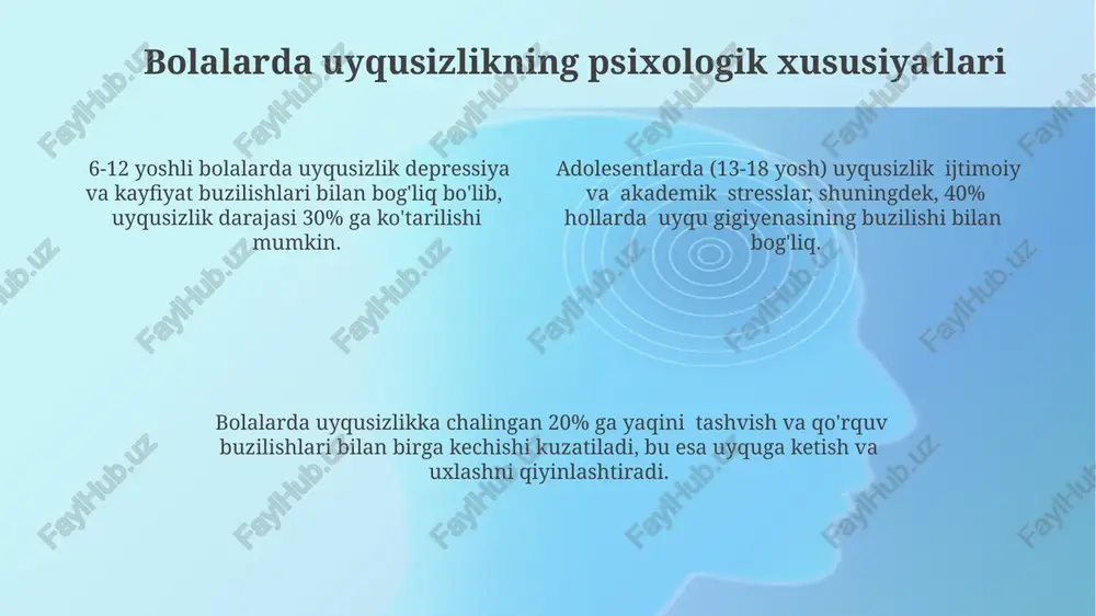 nasi buzilishi kuzatiladi. yosh bolalar (3-5 yosh)da uyqu gigienasi qoidalari, masalan, muntazam uxlash va turish vaqti, ota-onalar tomonidan kam qo'llaniladi, bu esa uyqusizlikning rivojlanishi xavfini oshiradi. uyqu gigienasi bo'yicha 65 yoshdan oshgan kattalarda 30% dan ortiq qismi kun davomida 2 soatdan kam vaqt davomida quyosh nuri ta'siriga tushadi, bu esa melatonin ishlab chiqarishni pasaytirib, uyqu buzilishiga olib keladi. keksa yoshdagi odamlarda uyqusizlikning psixologik xususiyatlari uyqusizlikning keksa yoshdagi odamlarda kognitiv funksiyalariga, xususan, diqqatni jamlash va xotiraga salbiy taʼsiri 65 yoshdan oshganlarda 20% ga yuqoriroq kuzatiladi. keksa odamlarda uyqusizlik surunkali ogʻriqlar bilan bogʻliq boʻlib, bu holat uyqu buzilishining 40% dan ortiq qismini tashkil etadi va uyqusizlikka olib keladigan stress darajasini oshiradi. keksa yoshdagi odamlarda uyqusizlikka depressiya va xavotir holatlari 3 baravar koʻproq taʼsir qiladi, bu esa uyqu gigienasini buzishi va 70% dan ortiq holatlarda davolanishni qiyinlashtiradi. e'tiboringiz uchun rahmat @taqdimot_robot image1.png