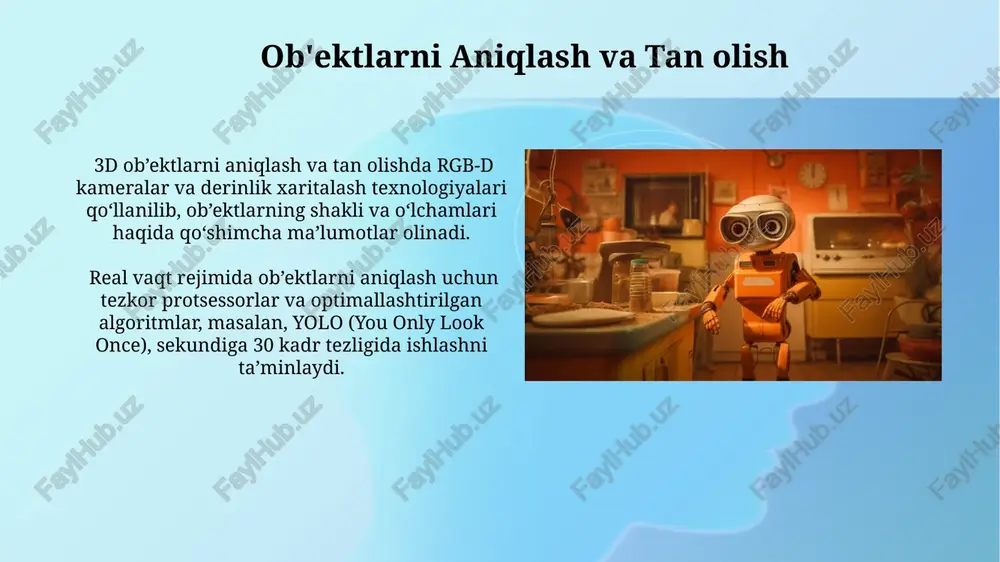 beradi, bu inson xatoligini kamaytiradi va bemorlarning tiklanishini tezlashtiradi. ta'limda, aqlli robotlar 50 dan ortiq tilni tarjima qilish, individual o'quv dasturlarini shakllantirish va 24/7 talabalarga yordam berish kabi funksiyalarni bajaradi. muhokama va savol-javob muhokama jarayonida, algoritm orqali 80% dan yuqori aniqlikda, foydalanuvchining savoliga tegishli javoblarni aniqlaydi va semantik tahlil qiladi. ushbu platforma, 5 dan ortiq tilni qo‘llab-quvvatlab, mashin learning (mashina o'rganish) yordamida doimiy ravishda yangi ma'lumotlarni o'rganadi va takomillashadi. aqlli robotlarning iqtisodiy ta'siri aqlli robotlarning joriy etilishi natijasida ishlab chiqarish samaradorligi 20-30% ga oshishi va shu bilan birga mehnat xarajatlarini 15% ga kamaytirish mumkin. aqlli robotlarning texnik xizmat ko'rsatish va ta'mirlash xarajatlari boshlang'ich investitsiyalarning taxminan 5% ni tashkil qiladi, lekin uzoq muddatli foyda keltiradi. e'tiboringiz uchun rahmat @taqdimot_robot image2.jpg image3.jpg image4.jpg image5.jpg image6.jpg image7.jpg image8.jpg image9.jpg image10.jpg image11.jpg image12.jpg image13.jpg image14.jpg image15.jpg image16.jpg image17.jpg image18.jpg image1.png