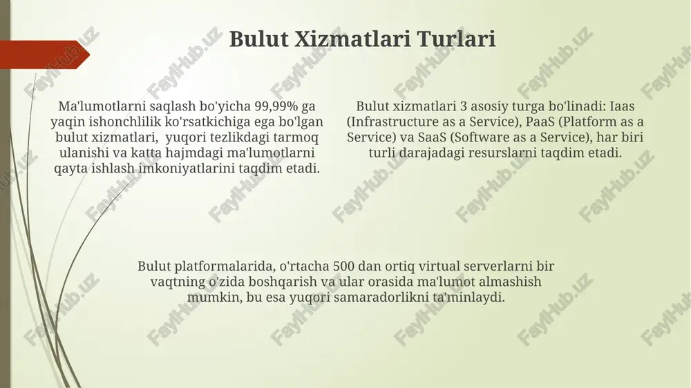 t texnologiyalaridan foydalanib, ma'lumotlarni 99,99% gacha ishonchlilik darajasida saqlash va 256-bit aes shifrlash orqali himoya qilish mumkin. ma'lumotlarning butunligini ta'minlash uchun kriptografik xesh funksiyalari va raqamli imzolar kabi xavfsizlik protokollari qo'llaniladi, bu esa ma'lumotlarning o'zgartirilishiga yo'l qo'ymaydi. bulut texnologiyalarining kamchiliklari bulut texnologiyalaridan foydalanishda ma'lumotlarning 99,9% ga yaqin mavjudligi kafolatlanadi, ammo qolgan 0,1% vaqt uchun xizmatlarning uzilishiga olib kelishi mumkin. katta hajmdagi ma'lumotlarni bulutga yuklash va undan yuklab olish uchun yuqori tezlikdagi internet aloqasi va katta miqdordagi trafik kerak bo'ladi, bu esa qo'shimcha xarajatlarni keltirib chiqaradi. bulutli xizmatlarning xavfsizligi, garchi yuqori darajada bo'lsa-da, 100% kafolat bermaydi va ma'lumotlarning o'g'irlanishi yoki yo'qolishi xavfi mavjud. yangi texnologiyalar va kelajak trendlari kvant hisoblash texnologiyalari kelgusida internet tezligini va xavfsizlik darajasini tubdan o'zgartirib, 1000 terabit/sekund tezlikka erishish imkoniyatini beradi. bulut texnologiyalari bozorining 2025-yilga kelib 700 milliard dollardan oshib ketishi kutilmoqda, bu esa internet xizmatlarining rivojlanishiga kuchli turtki bo'ladi. sun'iy intellekt va mashinani o'rganish algoritmlari yordamida …