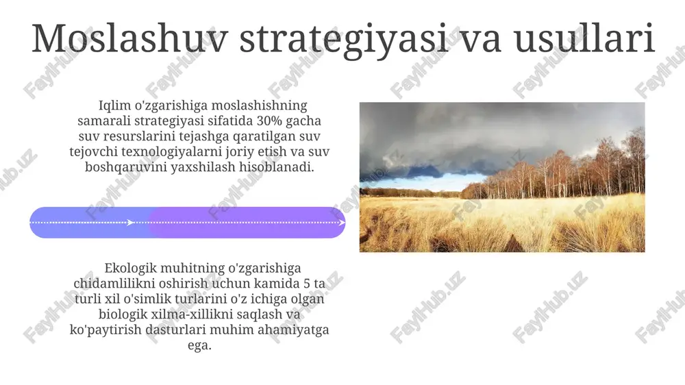 hosildorlikning sezilarli darajada kamayishiga olib kelishi mumkin. tabiiy ofatlarning kuchayishi iqlimi o'zgarishi tufayli yuz beradigan tabiiy ofatlarning (masalan, sel, qurg'oqchilik) soni oxirgi 50 yilda 5 barobar oshgan, bu insoniyat va ekotizimlarga katta zarar yetkazmoqda. dengiz sathining ko'tarilishi natijasida sohil bo'yidagi hududlarning suv bosishi xavfi sezilarli darajada ortdi, 2100 yilga borib 1 milliarddan ortiq odam ta'sirga uchrashi mumkin. suv resurslari tanqisligi suv resurslari tanqisligi tufayli qishloq xo'jaligi hosilining 20-30% gacha kamayishi kuzatiladi, bu esa oziq-ovqat narxlarining oshishi va oziq-ovqat inqiroziga olib kelishi mumkin. suv resurslari tanqisligi o'rtacha yillik 1500 kub metr suvga to'g'ri keladigan global suv taqchilligini keltirib chiqarmoqda, bu ko'plab mamlakatlar uchun oziq-ovqat xavfsizligi va iqtisodiy o'sish uchun jiddiy tahdid soladi. e'tiboringiz uchun rahmat @taqdimot_robot image4.jpg image5.jpg image6.jpg image7.jpg image8.jpg image9.jpg image10.jpg image11.jpg image12.jpg image13.jpg image14.jpg image15.jpg image16.jpg image17.jpg image18.jpg image19.jpg image20.jpg image1.jpeg image2.jpeg image3.jpeg