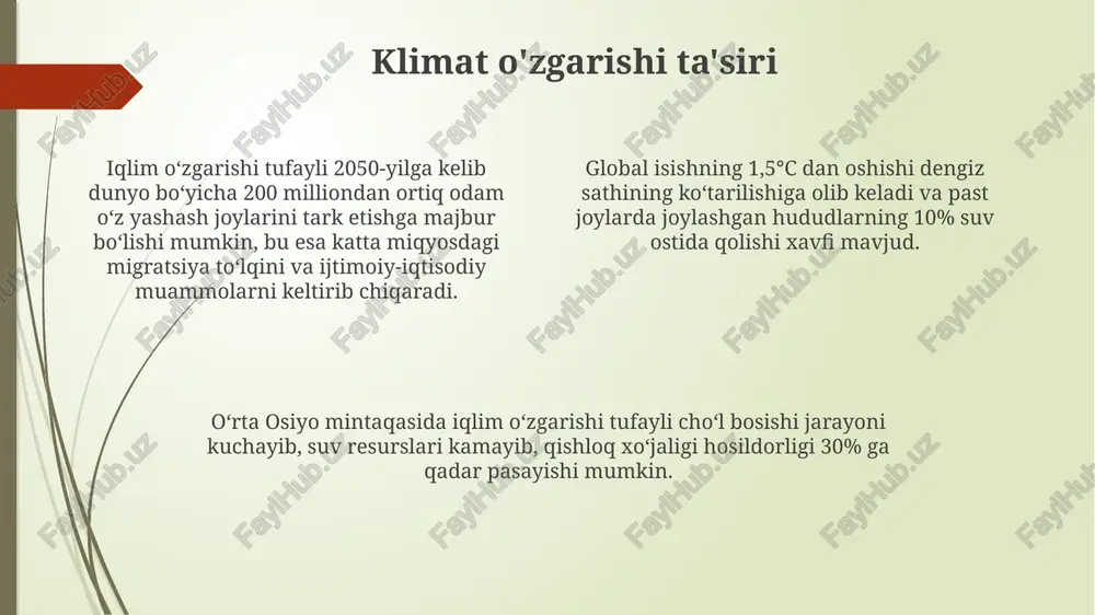g shakllanishiga qarab 3 asosiy turga: sirrus (yuqori), stratus (o'rta) va kumulus (past) turlariga bo'linadi, har bir turi o'ziga xos xususiyatlarga va balandlik chegaralariga ega. kumulus bulutlari odatda 2 kilometrgacha balandlikda hosil bo'ladi va ko'pincha yorqin oq rangga ega bo'lib, vertikal ravishda rivojlanadi, ba'zan esa kuchli yomg'ir va momaqaldiroq bilan bog'liq bo'ladi. iqlimni muhofaza qilish global miqyosda 1,5°c dan yuqori harorat oshishi tabiiy ofatlar sonining 2 barobar ko'payishiga olib kelishi mumkin, shuning uchun haroratni ushlab turishga qaratilgan sa'y-harakatlar zarur. iqlimni muhofaza qilishda kamida 20% gacha energiya tejashga qaratilgan energiya samaradorligi dasturlari muhim ahamiyat kasb etadi, bu esa karbon emissiyasini sezilarli darajada kamaytiradi. o'rmonlarning 30% gacha qisqarishi iqlim o'zgarishiga salbiy ta'sir ko'rsatishi mumkin, shuning uchun o'rmonlarni tiklash va muhofaza qilish juda muhimdir. ob-havo bashorati usullari ob-havo bashorati uchun statistik usullar, masalan, regression tahlili yordamida o'tgan 30 yillik ma'lumotlar tahlil qilinadi va kelgusi ob-havo holatini 85% gacha aniqlik bilan bashorat qilish mumkin. …