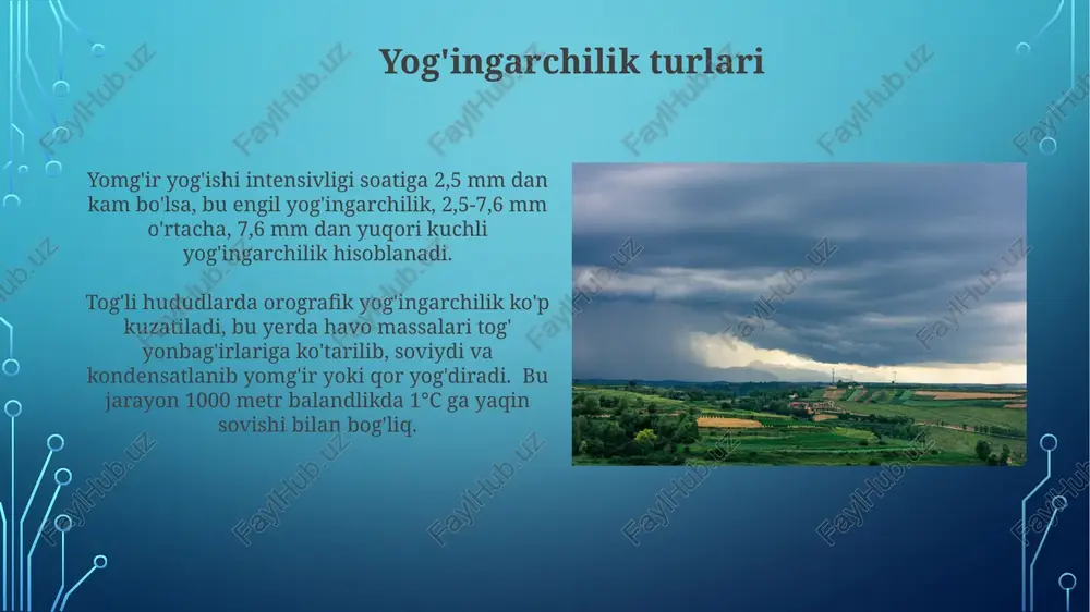 ko'tarilish tezligi va undagi kondensatsiya yadrolari (chang, tuz) miqdori bulutlarning shakli va o'lchamlarini aniqlaydi, masalan, 1 kub sm havo 1000 dan ortiq kondensatsiya yadrosi saqlashi mumkin. el-nino va la-nina hodisalari el-nino va la-nina hodisalari har 2-7 yilda sodir bo'lib, tinch okeanining suv temperaturasidagi o'zgarishlar bilan bog'liq, bu esa global iqlimga sezilarli ta'sir ko'rsatadi. la-nina paytida tinch okeanining sharqiy qismidagi suv temperaturasi normaldan 3-5°c ga past bo'ladi, bu esa janubiy amerikada kuchli yomg'irlarga va janubi-sharqiy osiyoda qurilishga olib keladi. e'tiboringiz uchun rahmat @taqdimot_robot image3.jpg image4.jpg image5.jpg image6.jpg image7.jpg image8.jpg image9.jpg image10.jpg image11.jpg image12.jpg image13.jpg image14.jpg image15.jpg image16.jpg image17.jpg image18.jpg image19.jpg image2.png