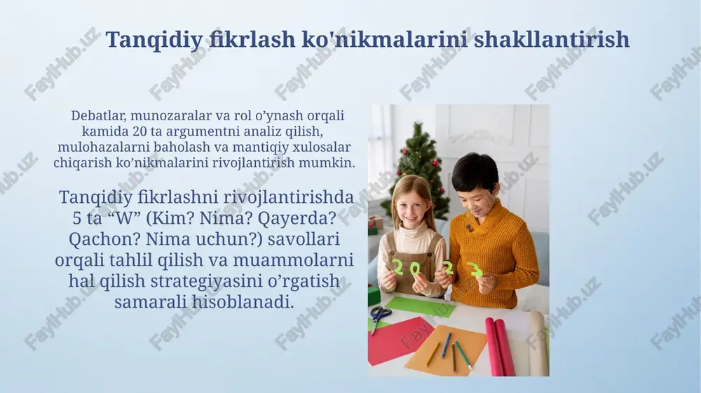 dorli oʻquvchilar bilan 3 dan 5 gacha kichik guruhlarda samarali ishlash ularning oʻzaro hamkorlik qobiliyatlarini rivojlantiradi va muammolarni hal qilish strategiyalarini yaxshilashga yordam beradi. iqtidorli oʻquvchilarning 20% ga yaqini mustaqil ishlashni afzal koʻradi, shuning uchun guruhlarda ularning individual ehtiyojlarini hisobga olish va moslashuvchan yondashuv zarur. iqtidorli talabalarning o'quv ehtiyojlari ijtimoiy-emotsional ehtiyojlarini ham inobatga olish muhim: taxminan 30% iqtidorli talabalar tengdoshlari bilan munosabatlardagi qiyinchiliklarni boshdan kechirishadi, shuning uchun ularga qo'llab-quvvatlash va o'z tengdoshlari bilan muloqot qilish imkoniyatini yaratish zarur. iqtidorli talabalar odatdagi o'quv dasturlariga nisbatan 2-3 baravar tezroq o'rganishadi va chuqurroq tushunishga ega bo'lishadi, shuning uchun ularga moslashtirilgan murakkab vazifalar kerak. ijodiy fikrlashni rivojlantirish ijodkorlikni rivojlantirishda "6 ta fikr shlyapasi" texnikasi yordamida muammolarni turli nuqtai nazardan tahlil qilish va 6 ta turli fikrlash uslubini qo‘llash samarali. gifted bolalar uchun scamper usuli, ya’ni almashtirish, birlashtirish, moslashtirish, o‘zgartirish, boshqa maqsadlarda ishlatish, bartaraf etish va qayta tartiblash orqali 7 ta ijodkorlik strategiyasini qo‘llash samarali. …