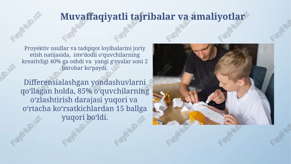 radi. iqtidorli oʻquvchilarning 20% ga yaqini oʻz tengdoshlariga nisbatan yuqori darajada oʻziga xoslik va mustaqillikka ega boʻlib, bu esa ijtimoiy moslashuv qiyinchiliklariga olib kelishi mumkin. farqlash va boyitish strategiyalari farqlash strategiyalari o'quvchilarning individual ehtiyojlariga moslashtirilgan 3-5 ta turli xil topshiriqlarni, masalan, murakkablik darajasini oshirish orqali, o'z ichiga oladi. ikkala strategiya ham, farqlash ham, boyitish ham, o'quvchilarning 70-80% qobiliyatlariga mos keladigan darajada o'qitishni ta'minlash uchun muhim ahamiyatga ega bo'lib, natijalarni yaxshilaydi. iqtidorli oʻquvchilarni baholash va monitoring oʻquvchilarning 80% dan yuqori ball toʻplagan fanlarini aniqlash va ularning qobiliyatlarini chuqurroq oʻrganish uchun individual suhbatlar va maxsus topshiriqlarni qoʻllash muhim ahamiyatga ega. yillik monitoring jarayonida kamida ikki marta (yarim yillik va yil yakunida) oʻquvchilarning intellektual va ijtimoiy-emotsional rivojlanishini baholash, shuningdek, ularning ehtiyojlarini aniqlash zarur. iqtidorli oʻquvchilarga topshiriqlarni shakllantirish ochiq tuzilmali topshiriqlar (masalan, "oʻzingizning loyihangizni yarating" kabi) berish, ijodiy fikrlash va mustaqil ishlash koʻnikmalarini oshirishga yordam beradi. iqtidorli oʻquvchilarga murakkab, koʻp bosqichli (masalan, 3-5 bosqichli) …