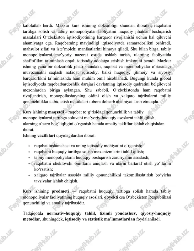 gi va tabiiy monopoliyalar to‘g‘risidagi qonunchilikning nazariy-huquqiy asoslari yoritiladi. ikkinchi bob esa raqobat va tabiiy monopoliyalar sohasida huquqbuzarliklarning oldini olish strategiyalarini tahlil qilishga bag‘ishlanadi. shunday qilib, ushbu kurs ishining ahamiyati — iqtisodiyotda raqobatni qo‘llab-quvvatlash, tabiiy monopoliyalar faoliyatini tartibga solishning nazariy va amaliy asoslarini tahlil qilish hamda qonunchilikni yanada takomillashtirish bo‘yicha ilmiy asoslangan tavsiyalar ishlab chiqishdan iboratdir. i bob. raqobat to‘g‘risidagi qonunchilik va tabiiy monopoliyalar to‘g‘risidagi qonunchilikning nazariy asoslari 1.1. raqobat to‘g‘risidagi qonunchilikning mohiyati va ahamiyati raqobat iqtisodiy tizimning harakatlantiruvchi kuchi, bozor mexanizmlarining eng muhim elementi hisoblanadi. u korxonalar o‘rtasida eng yaxshi mahsulotni eng maqbul narxda ishlab chiqish uchun sharoit yaratadi, ishlab chiqarish samaradorligini oshiradi hamda texnologik yangilanishga turtki beradi. raqobat orqali iqtisodiyotda resurslar samarali taqsimlanadi, iste’molchilar esa sifatli mahsulot va xizmatlardan foydalanish imkoniga ega bo‘ladi. o‘zbekiston respublikasi konstitutsiyasining 53-moddasida iqtisodiy faoliyat, tadbirkorlik va mehnat erkinligi kafolatlangan. bu norma mamlakatda erkin raqobat tamoyillarini joriy etish uchun konstitutsiyaviy asos bo‘lib xizmat qiladi. …