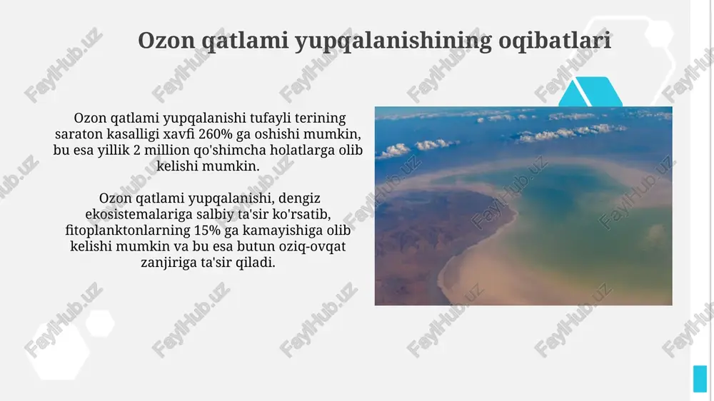 ksid miqdorini 10-15% ga kamaytirish mumkin. tuproq sho'rlanishining oqibatlari tuproq shoʻrlanishi tufayli, biologik xilma-xillik kamayib, yer osti suvlarining mineral tarkibi oʻzgarib, ichimlik suv sifatiga salbiy ta'sir ko'rsatadi. tuproq shoʻrlanishi oqibatida 50% ga yaqin ekin maydonlarining hosildorligi pasayadi va 10-15% yerlar butunlay unumsiz holatga tushadi. issiqxona effekti ta'sirlari issiqxona effekti natijasida dengiz sathi ko'tarilmoqda, 1901-2018 yillar oralig'ida taxminan 20 sm ga oshgan va bu past joylarda joylashgan hududlarni suv bosishi xavfini oshiradi. issiqxona gazlari emissiyasi, ayniqsa karbon dioksid (co2), metan (ch4) va azot oksidi (n2o), yerning radiatsion balansini buzadi va global isishni kuchaytiradi. ozon qatlami yupqalanishi: sabablari ozon qatlami yupqalanishiga yerdagi azot oksidlarining, aviatsiya va raketa yoqilg‘ilarining yonish mahsulotlari sifatida chiqishi ham sezilarli darajada ta’sir ko‘rsatadi, bu jarayon yer yuzasidan 10-50 km balandlikda sodir bo‘ladi. ozon qatlami yupqalanishining asosiy sabablaridan biri – 1970-yillardan buyon sanoatda keng qo‘llanilgan freonlar va halonlar kabi xlor-flor-uglerodli birikmalarning (cfc) atmosferaga chiqishi hisoblanadi. e'tiboringiz uchun rahmat @taqdimot_robot …
