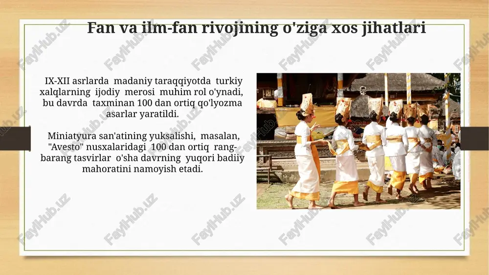 davom etgan va bu davrda turkiy xalqlar madaniyatida sezilarli o'zgarishlar kuzatilgan. ta'lim va tarbiya tizimining rivojlanishi o‘sha davrda ta’limda diniy fanlar bilan bir qatorda, dunyoviy fanlar – matematika, astronomiya, tibbiyot va falsafa ham muhim o‘rin egallagan, bu esa har tomonlama yetuk shaxslarni tarbiyalashga xizmat qilgan. usulshunoslik jihatidan, qo‘llanma va darsliklarning ko‘payishi, masalan, matematika, astronomiya va tibbiyot bo‘yicha 10 dan ortiq qo‘lyozma asarlarning paydo bo‘lishi ta’lim sifatini oshirdi. yangi shaharlar va qishloqlarning vujudga kelishi yangi shaharlar, masalan, samarqand, buxoro kabi yirik savdo markazlari sifatida rivojlanib, xalqaro savdo yo'llarining kesishgan nuqtasiga aylandi. qishloq xo'jaligining taraqqiyoti natijasida yerlarning sug'orish tizimlari takomillashib, dehqonchilik mahsulotlari ko'payib, yangi aholi punktlari vujudga keldi. e'tiboringiz uchun rahmat @taqdimot_robot image7.jpg image8.jpg image9.jpg image10.jpg image11.jpg image12.jpg image13.jpg image14.jpg image15.jpg image16.jpg image17.jpg image18.jpg image19.jpg image20.jpg image21.jpg image22.jpg image23.jpg image3.png image4.png