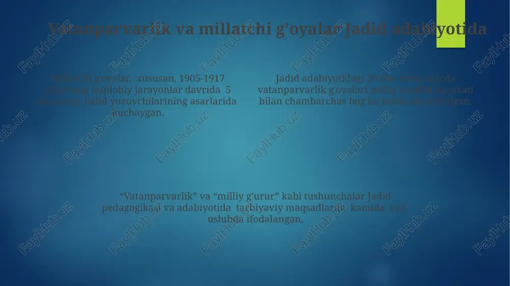 bo'yicha tushunchalarni o'z ichiga olgan. yoshlarning ma'naviy-axloqiy kamol topishi "yosharning ma'naviy-axloqiy kamol topishi"da taqvodorlik, halollik, vatanparvarlik kabi 7 ta asosiy axloqiy qadriyatlar yosh avlodni tarbiyalashda muhim vosita sifatida ko'rsatiladi. kitobda yoshlarning 15 yoshdan 25 yoshgacha bo'lgan davrda ma'naviy-axloqiy tarbiyasi masalalari chuqur tahlil qilinadi, bu davrni shaxsning shakllanishida muhim bosqich sifatida belgilaydi. "yosharning ma'naviy-axloqiy kamol topishi" asarida 3 ta asosiy fazilat – iymon, ilm va amal – insonning kamolga yetishida muhim omillar sifatida ta'kidlanadi, bu 3 jihatning bir-biri bilan uzviy bog'liqligini ko'rsatadi. oila va nikohga oid qarashlar nikohdan avvalgi munosabatlarga oid qarashlarda 2 ta asosiy talab – yosh yigit-qizlarning oilaviy hayotga tayyorgarligi va ijtimoiy normalarga rioya qilinishi ta'kidlangan. jadidlarning oilaviy tarbiya bo'yicha 4 ta asosiy yo'nalishi – din asoslari, milliy an'analar, zamonaviy bilimlar va ma'naviy qadriyatlarni birlashtirishga qaratilgan edi. jadidlarning “oila va nikohga oid qarashlar”ida 3 ta asosiy qoida – oilaviy hayotning muqaddasligi, teng huquqlilik va o'zaro hurmat, farzandlar tarbiyasi masalalariga …