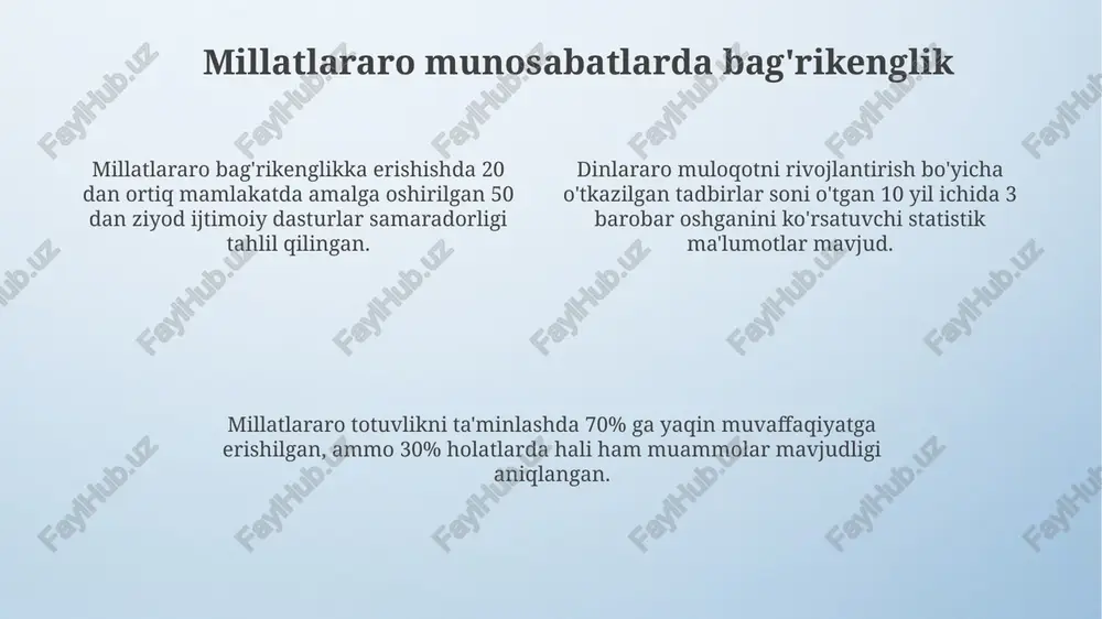 lat va teng huquqlilik tamoyillarining amalda qoʻllanilishi boʻlib, bu 10 dan ziyod qonun hujjatlari bilan mustahkamlanadi. dinlararo bagʻrikenglik, madaniy xilma-xillikni boyitishga va 3 dan ortiq milliy bayramlarni birgalikda nishonlashga imkon yaratib, ijtimoiy barqarorlikni taʼminlaydi. diniy bag'rikenglikka tahdidlar diniy ekstremizm va terrorizm, jahon bo'ylab 2000 yildan beri 100 mingdan ortiq odamning o'limiga sabab bo'lgan, diniy bag'rikenglikka jiddiy tahdid soladi. qashshoqlik, ta'limning yetarli emasligi va siyosiy beqarorlik kabi omillar diniy bag'rikenglikka tahdid soladigan radikal guruh va g'oyalarning tarqalishiga olib keladi. so'nggi 10 yil ichida diniy asosdagi zo'ravonlik va kamsitishlar soni sezilarli darajada oshgan, bu esa 50 dan ortiq mamlakatga ta'sir qilgan. o'zbekistondagi sekulyarizm va diniy bag'rikenglik oʻzbekiston respublikasining jinoyat kodeksida diniy ekstremizm va radikalizmga qarshi kurashishga oid 150 dan ortiq moddalar mavjud boʻlib, ular bagʻrikenglik va sekulyarizm tamoyillarini himoya qilishga qaratilgan. oʻzbekistonda 20 dan ortiq rasmiy roʻyxatdan oʻtgan diniy tashkilotlar mavjud boʻlib, ularning faoliyati konstitutsiyaviy kafolatlangan diniy erkinlik doirasida amalga oshiriladi. 1991-yildan …