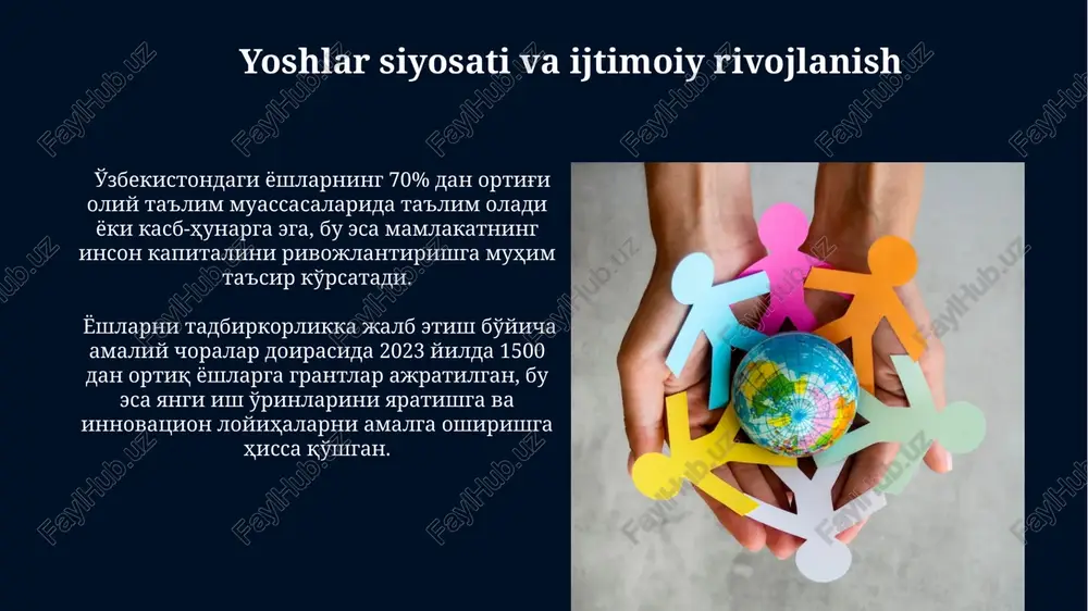 ilgan davlat dasturida ijtimoiy himoya tizimini kuchaytirish, bandlikni oshirish va kasb-hunar ta’limini rivojlantirish bo’yicha aniq choralar belgilab qo’yilgan. ta’lim sohasidagi davlat siyosati davlat tomonidan ta'lim sifatini yaxshilash uchun o'qituvchilarning malakasini oshirishga yillik o'rtacha 5% byudjet mablag'lari ajratiladi, bu esa o'qituvchilar sonining 10% ga ko'payishiga olib keldi. ta'lim sohasidagi davlat siyosati 2020-yildan boshlab maktabgacha ta'lim muassasalarini rivojlantirishga 15% gacha byudjet mablag'larini yo'naltirishni nazarda tutadi. bandlik va ish bilan ta’minlash siyosati mikrokreditlar va subsidiyalar orqali kichik biznes va xususiy tadbirkorlikni qo'llab-quvvatlash 2022 yilda 50000 dan ortiq yangi ish o'rnini yaratishga yordam berdi, bu davlatning tadbirkorlikni rivojlantirishga bo'lgan yo'nalishini ko'rsatadi. bandlik darajasini oshirishga qaratilgan davlat dasturlari 2023 yilda 15% ga yaqin ish o'rinlarini yaratishni rejalashtirmoqda, bu esa ishsizlik darajasini pasaytirishga xizmat qiladi. sog‘liqni saqlash sohasidagi davlat siyosati davlat byudjetidan sog'liqni saqlashga ajratilgan mablag'larning 15% dan ortig'i birlamchi tibbiy-sanitariya yordamini rivojlantirishga yo'naltirilgan. o'zbekistonda 2022-yilda 1000 nafar aholiga 30 dan ortiq shifokor to'g'ri keldi, bu …