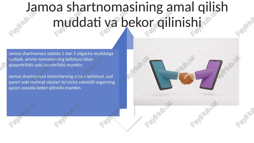 ) o'z ichiga olishi mumkin, bu esa nizolarni sudga murojaat qilishdan oldin hal qilish imkonini beradi. jamoa shartnomasining tarkibiy qismlari jamoa shartnomasi, odatda, 2-5 bo‘limdan iborat bo‘lib, har bir bo‘lim ma’lum bir mehnat munosabatlarini, masalan, ish haqi, ish vaqti, dam olish kunlari va boshqalarni tartibga soladi. jamoa shartnomasida kamida 5 ta asosiy ilova bo‘lishi mumkin, ular ish haqi jadvali, ish vaqti rejalari, ta’til jadvali va boshqa qo‘shimcha hujjatlarni o‘z ichiga oladi. kelajakdagi istiqbollar va takliflar kelajakdagi jamoa shartnomalarida raqamli texnologiyalarni qo‘llash orqali 30% ga samaradorlikni oshirish va xodimlar bilan aloqani yaxshilash mumkin. kamida 5 yillik istiqbolga mo‘ljallangan jamoa shartnomalarida ijtimoiy himoya choralari va ish haqini indeksatsiya qilish mexanizmlarini kiritish zarur. e'tiboringiz uchun rahmat @taqdimot_robot image4.jpg image5.jpg image6.jpg image7.jpg image8.jpg image9.jpg image10.jpg image11.jpg image12.jpg image13.jpg image14.jpg image15.jpg image16.jpg image17.jpg image3.png image18.jpg image19.jpg image20.jpg image1.jpeg image2.jpeg